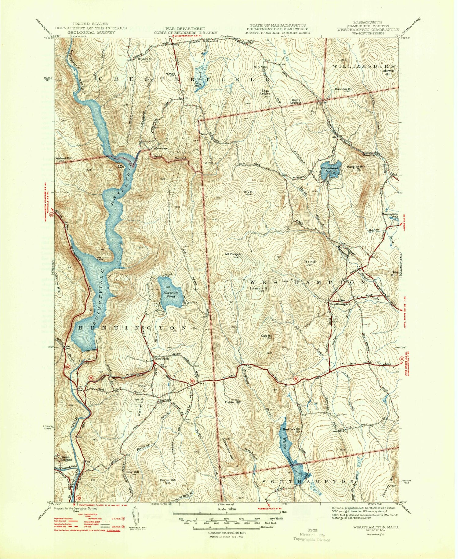 Classic USGS Westhampton Massachusetts 7.5'x7.5' Topo Map Image
