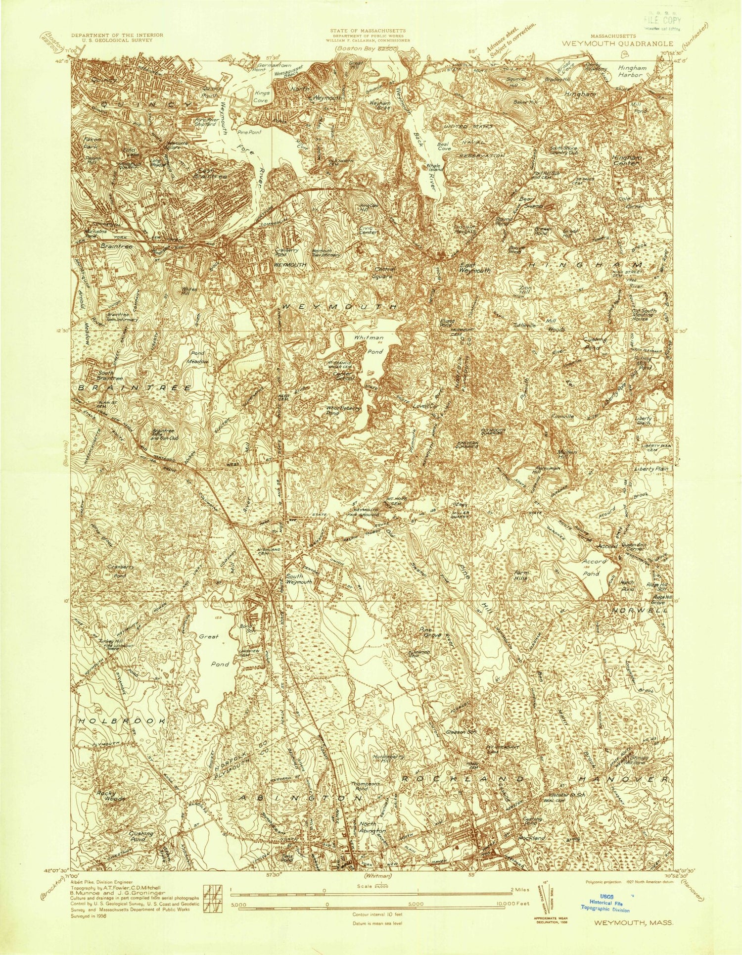 Classic USGS Weymouth Massachusetts 7.5'x7.5' Topo Map Image
