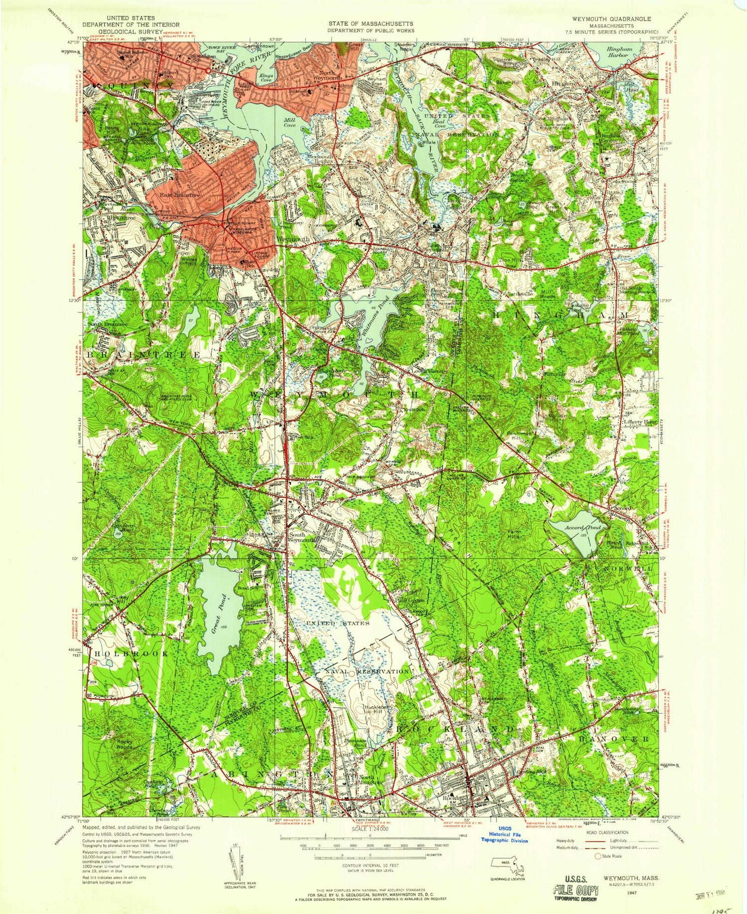 Classic USGS Weymouth Massachusetts 7.5'x7.5' Topo Map Image
