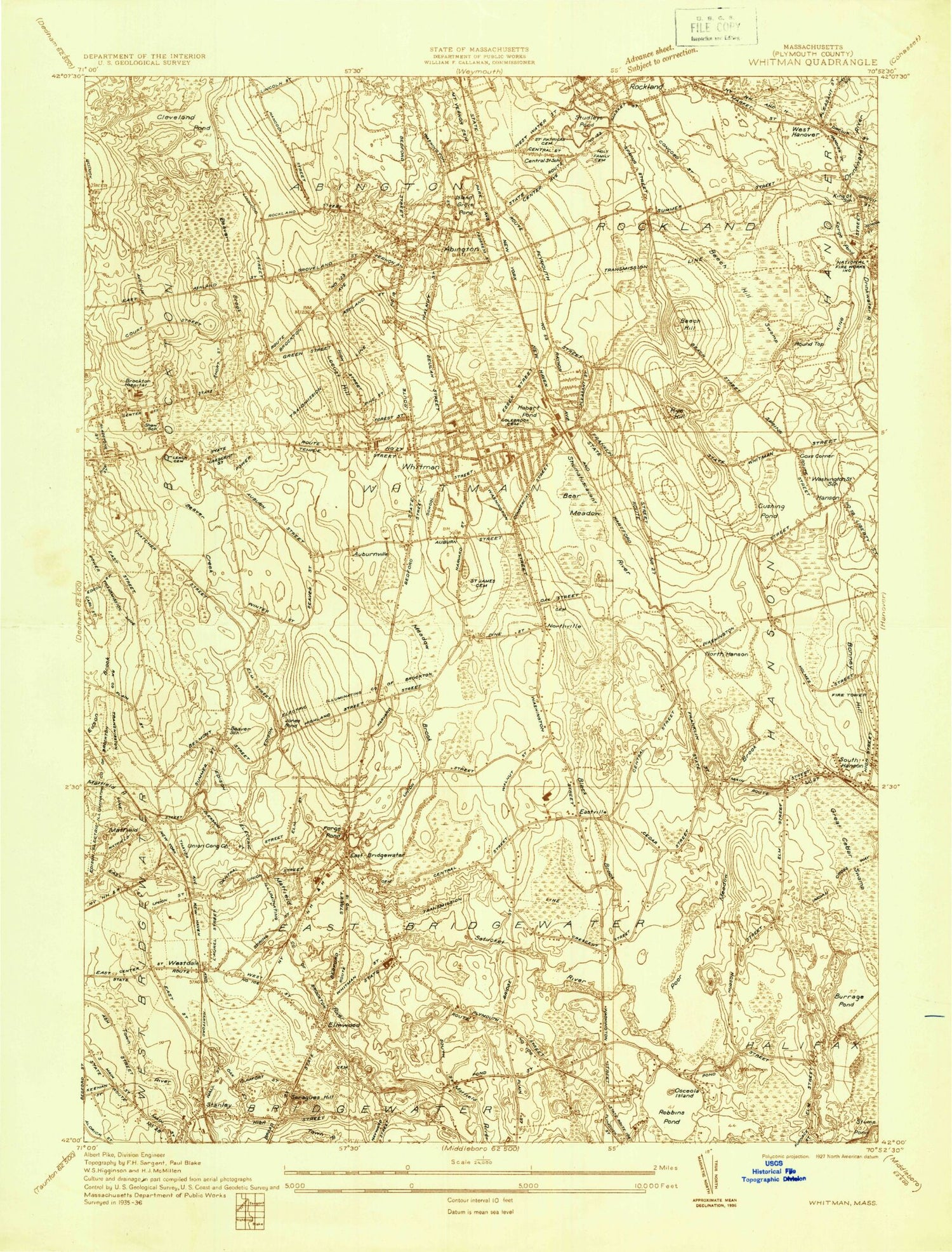 Classic USGS Whitman Massachusetts 7.5'x7.5' Topo Map Image