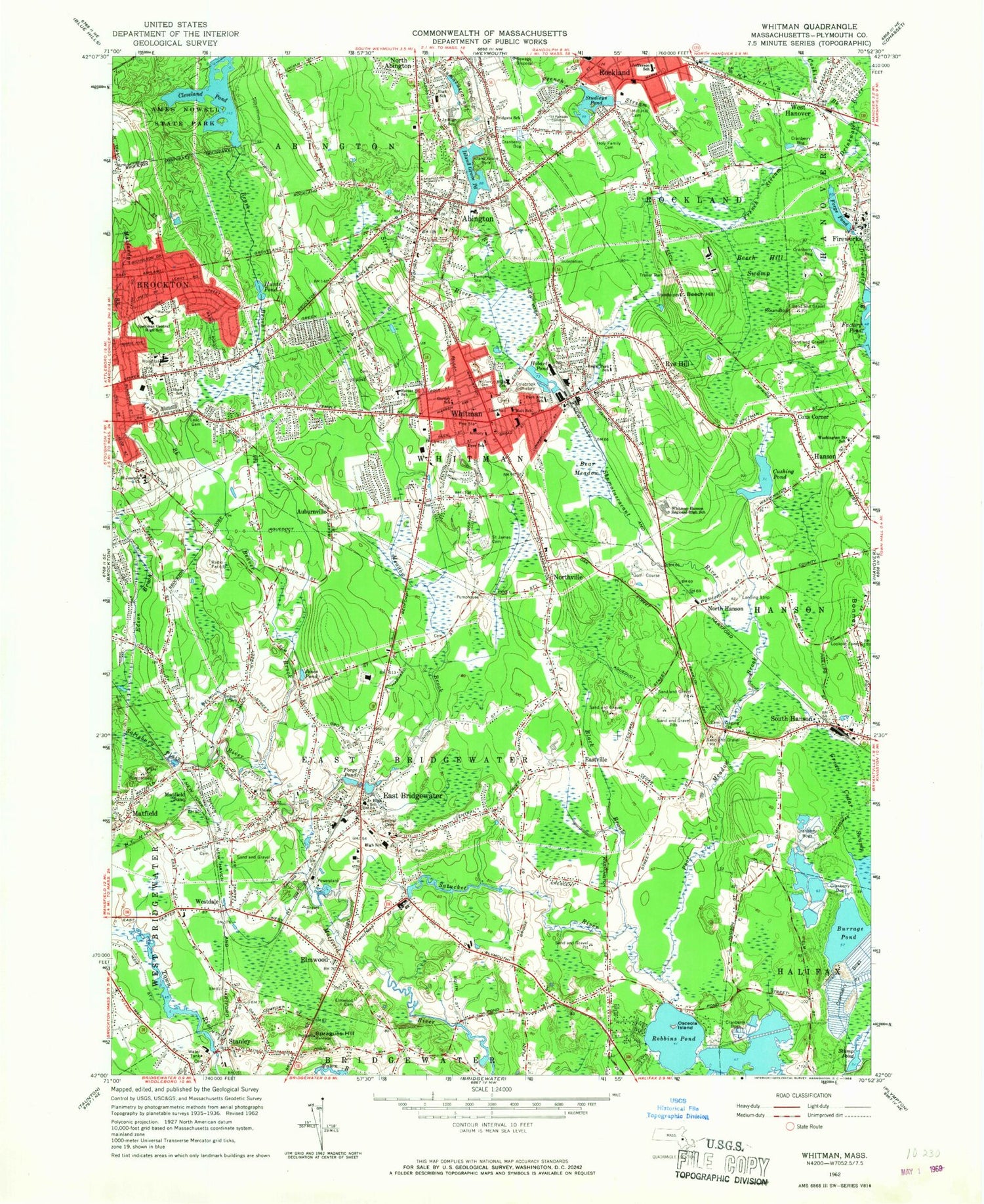 Classic USGS Whitman Massachusetts 7.5'x7.5' Topo Map Image