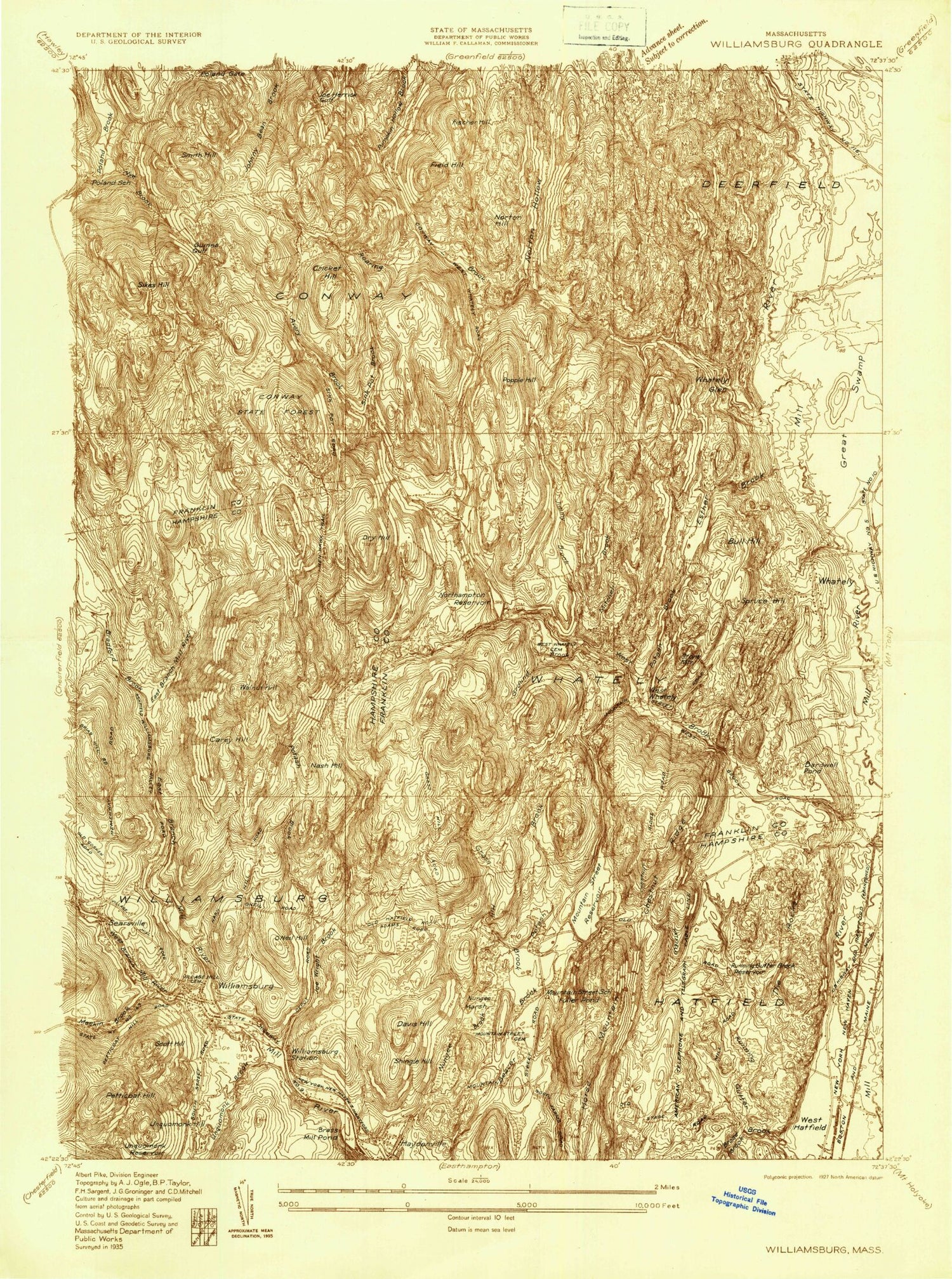 Classic USGS Williamsburg Massachusetts 7.5'x7.5' Topo Map Image