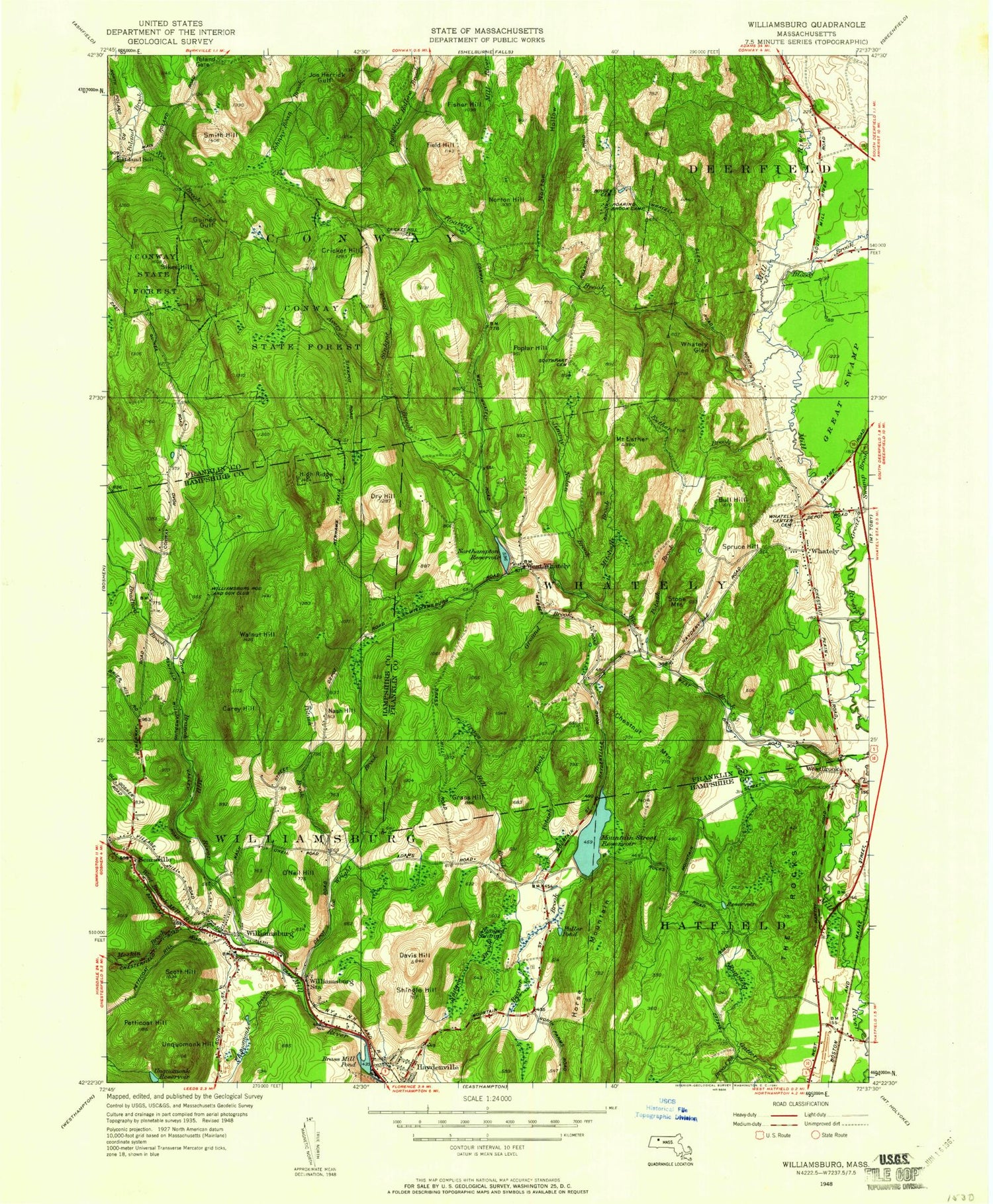 Classic USGS Williamsburg Massachusetts 7.5'x7.5' Topo Map Image