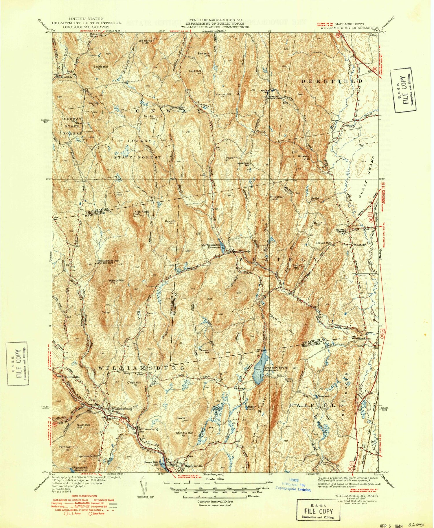 Classic USGS Williamsburg Massachusetts 7.5'x7.5' Topo Map Image