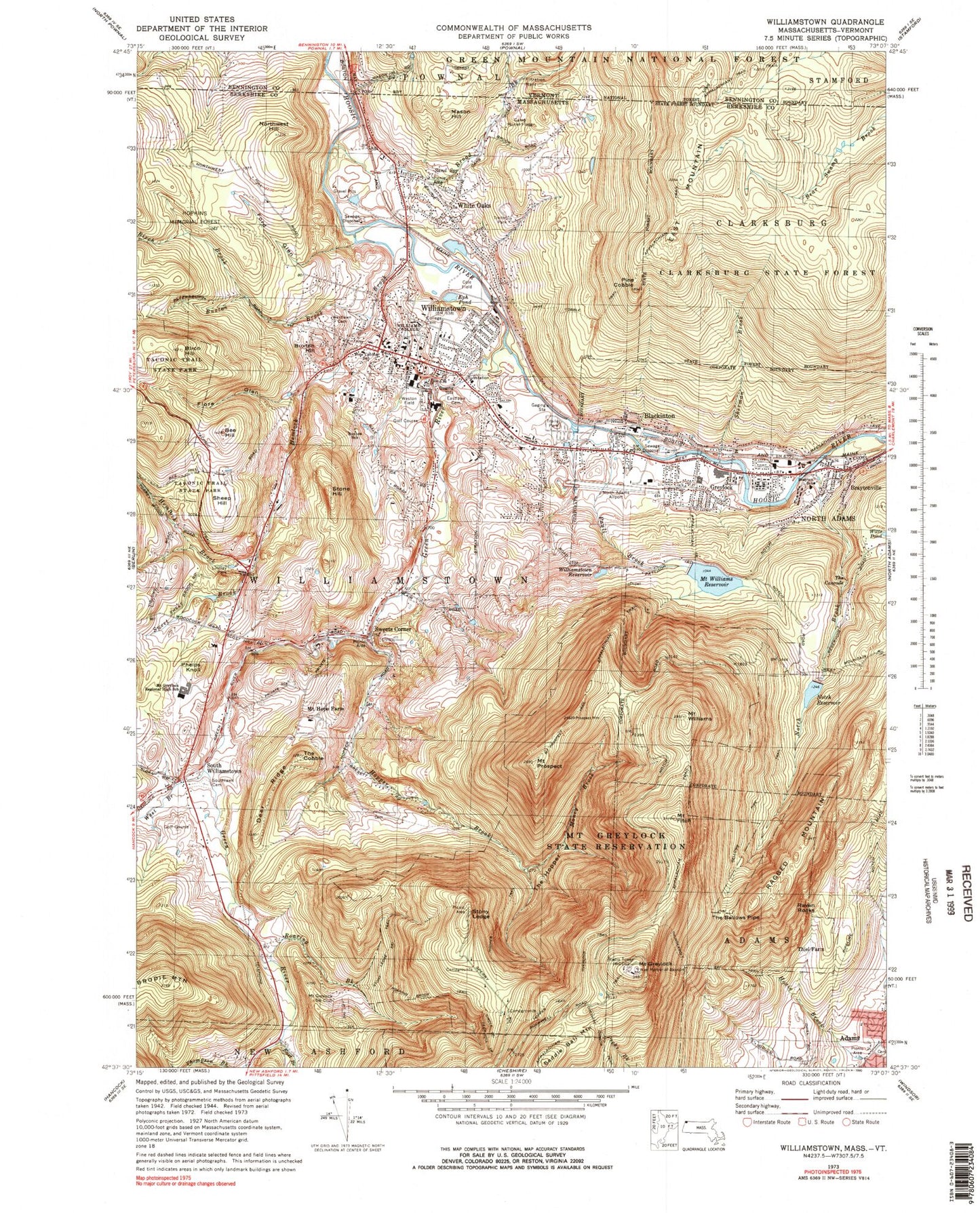 Classic USGS Williamstown Massachusetts 7.5'x7.5' Topo Map Image