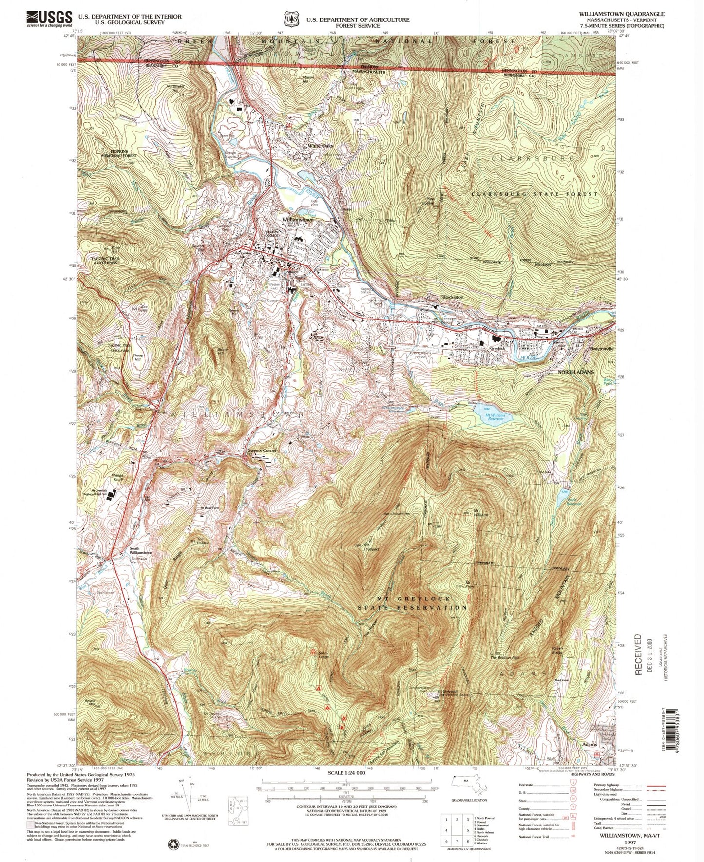 Classic USGS Williamstown Massachusetts 7.5'x7.5' Topo Map Image