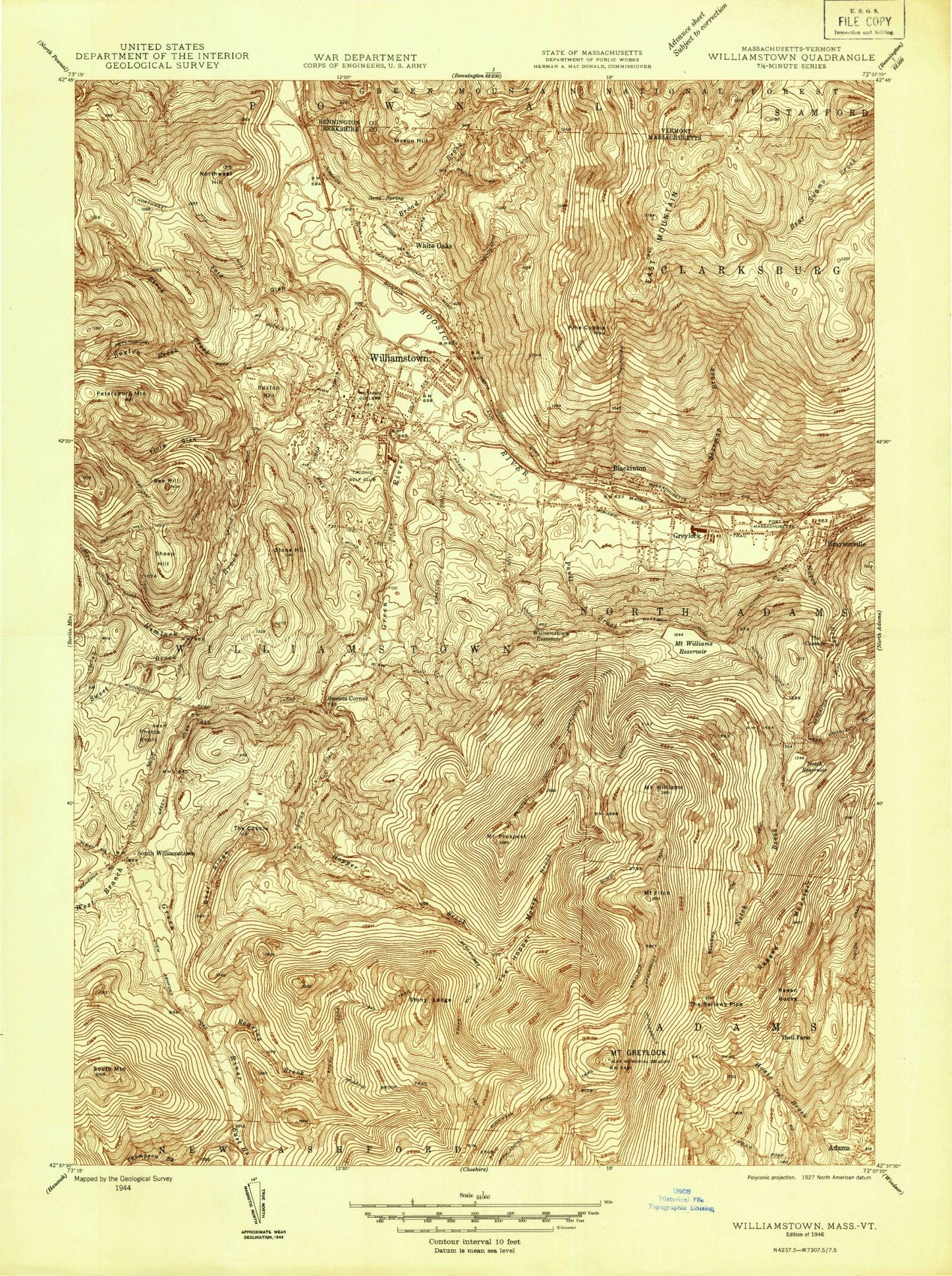 Classic USGS Williamstown Massachusetts 7.5'x7.5' Topo Map Image