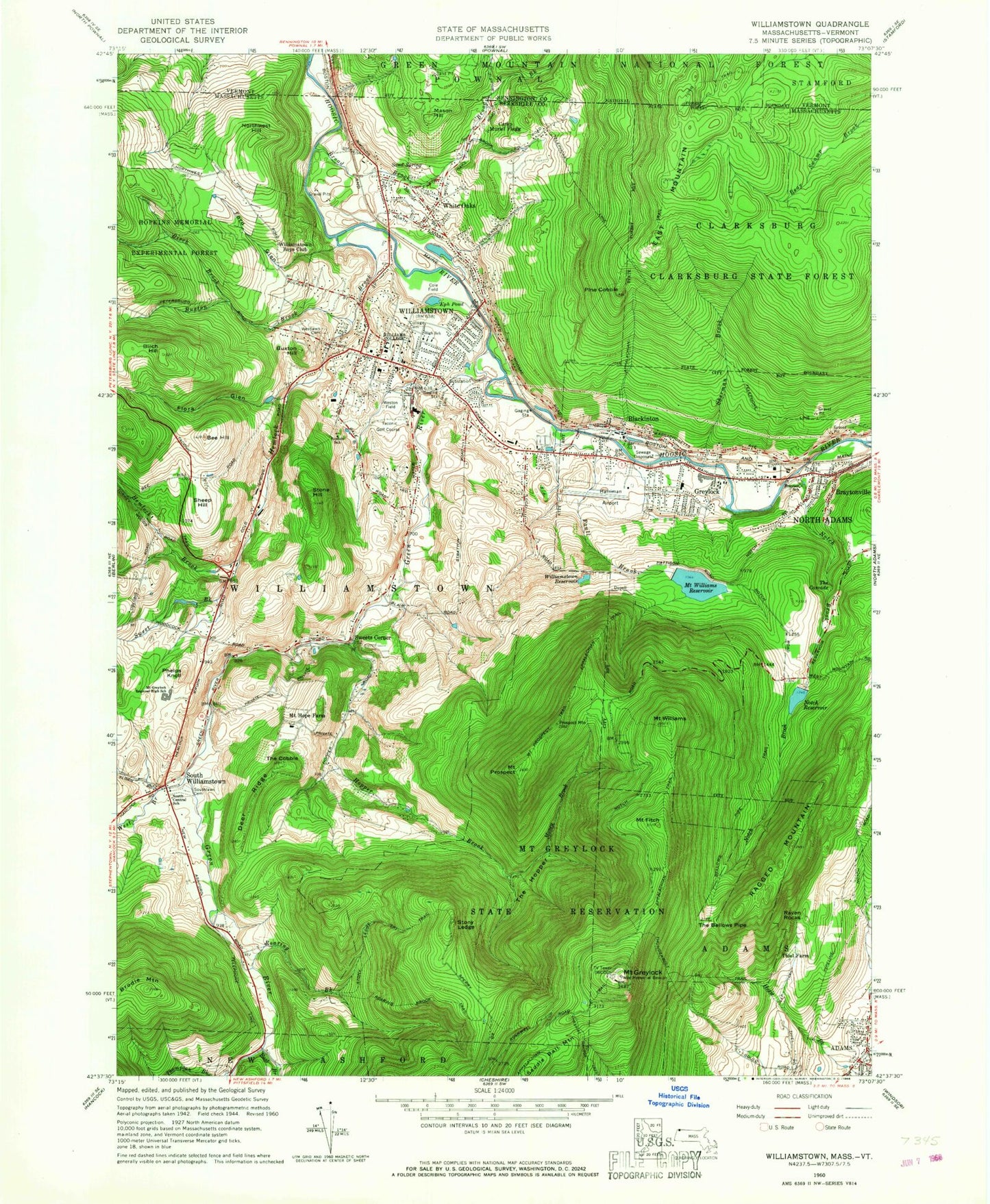 Classic USGS Williamstown Massachusetts 7.5'x7.5' Topo Map Image