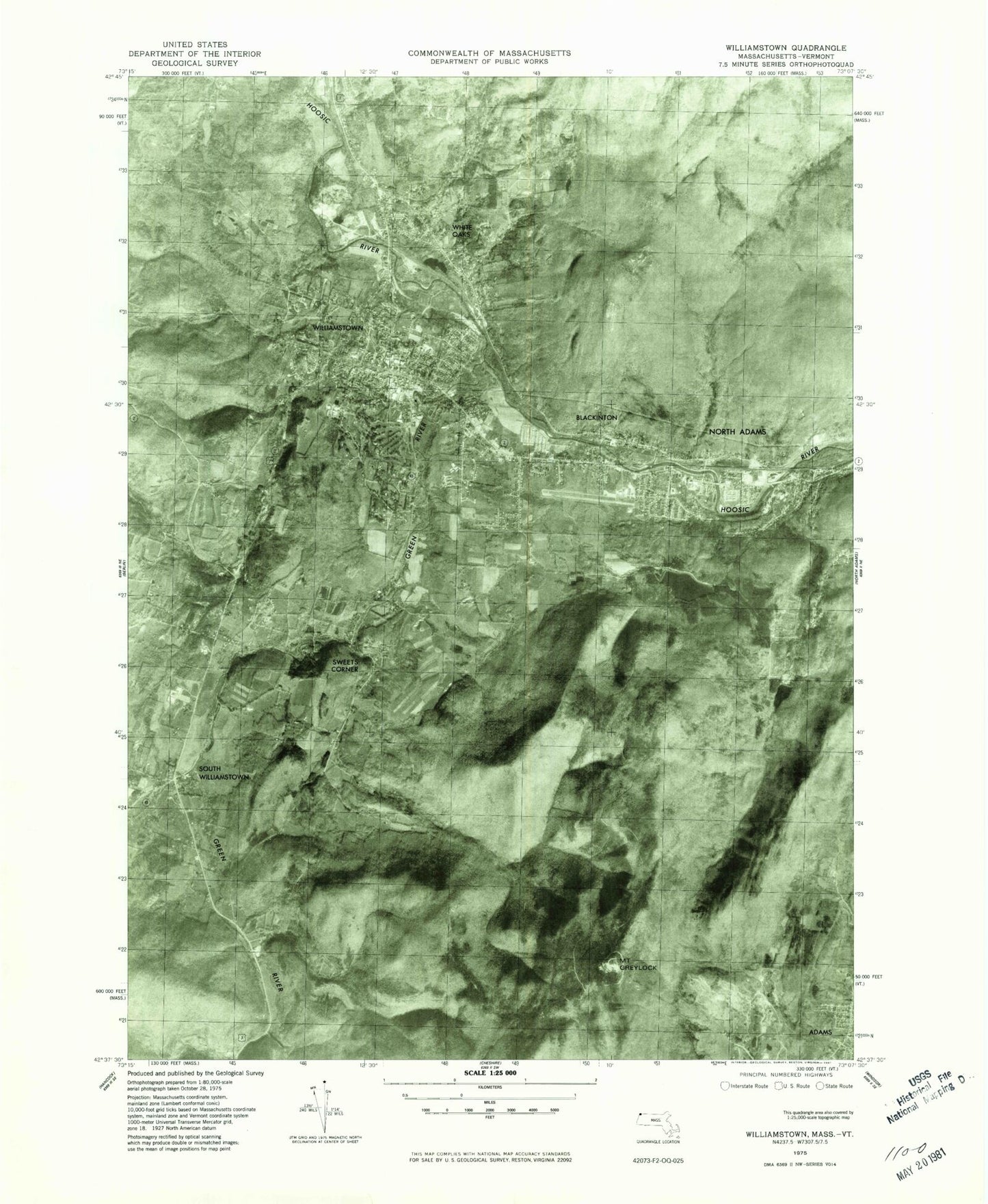 Classic USGS Williamstown Massachusetts 7.5'x7.5' Topo Map Image