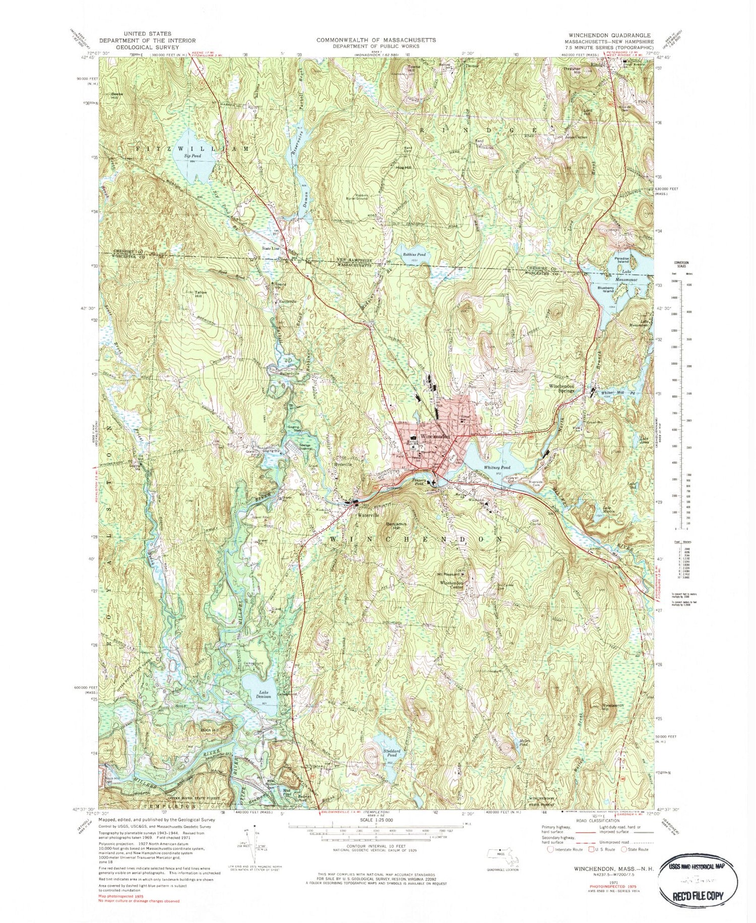 Classic USGS Winchendon Massachusetts 7.5'x7.5' Topo Map Image