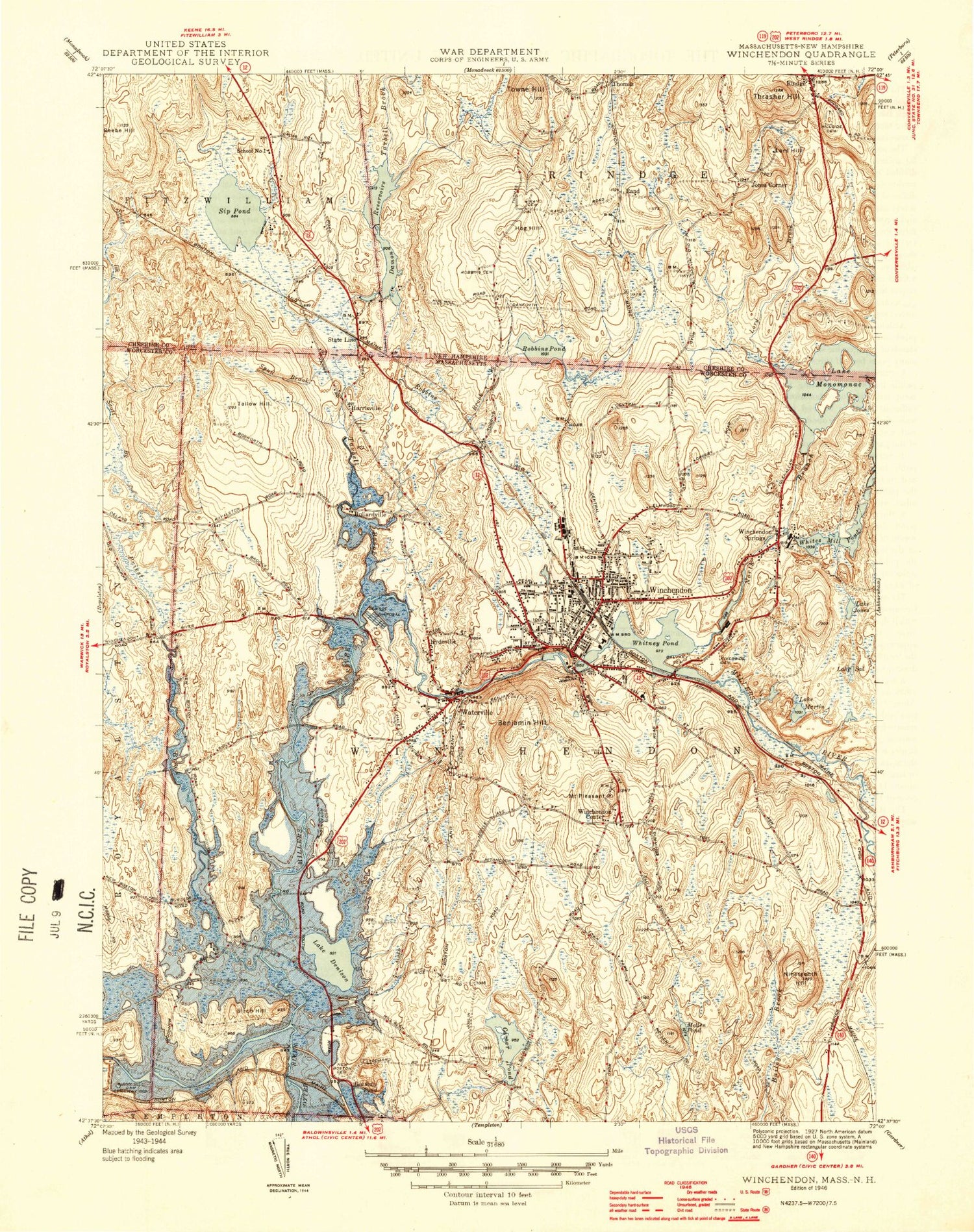 Classic USGS Winchendon Massachusetts 7.5'x7.5' Topo Map Image