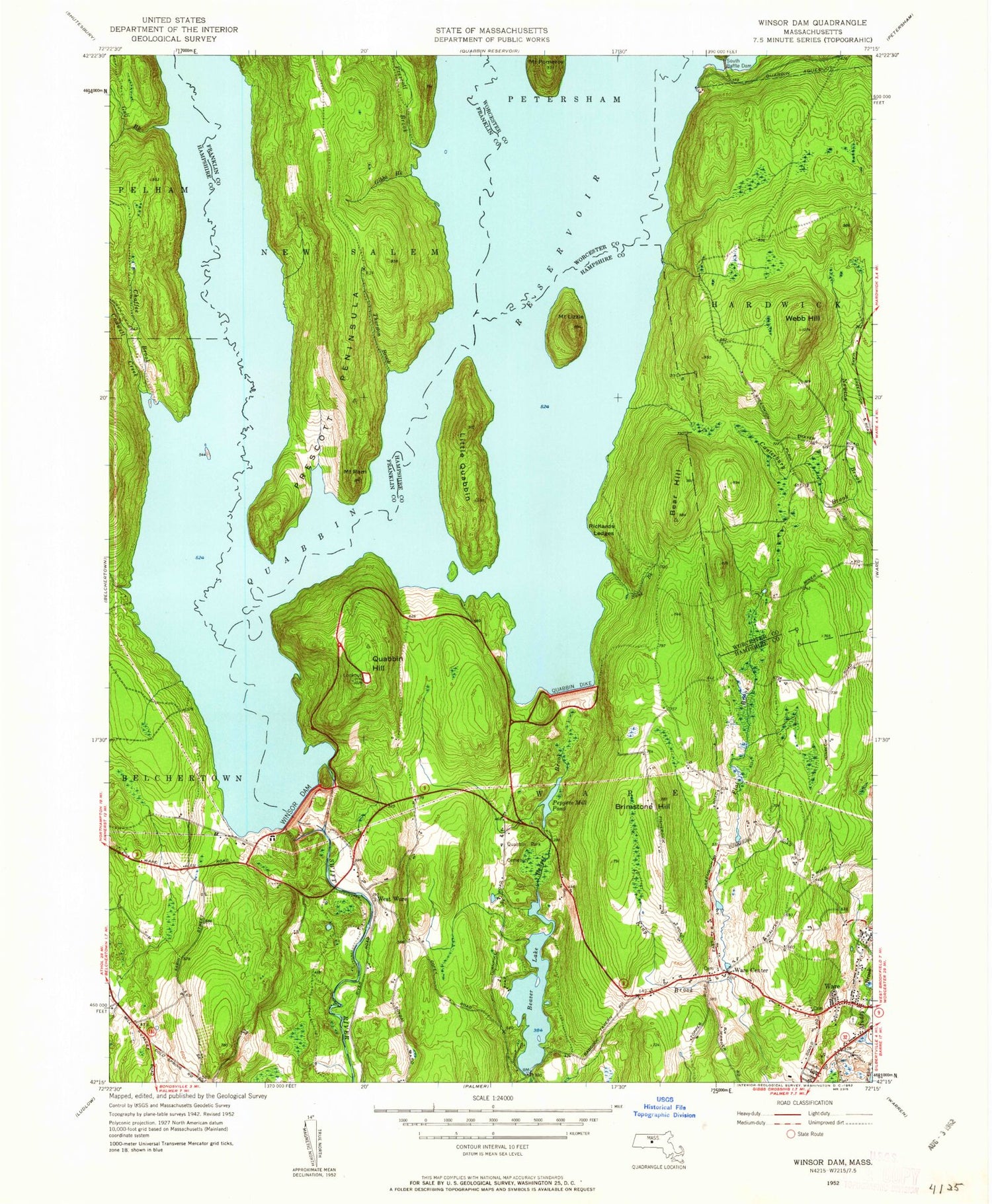 Classic USGS Winsor Dam Massachusetts 7.5'x7.5' Topo Map Image