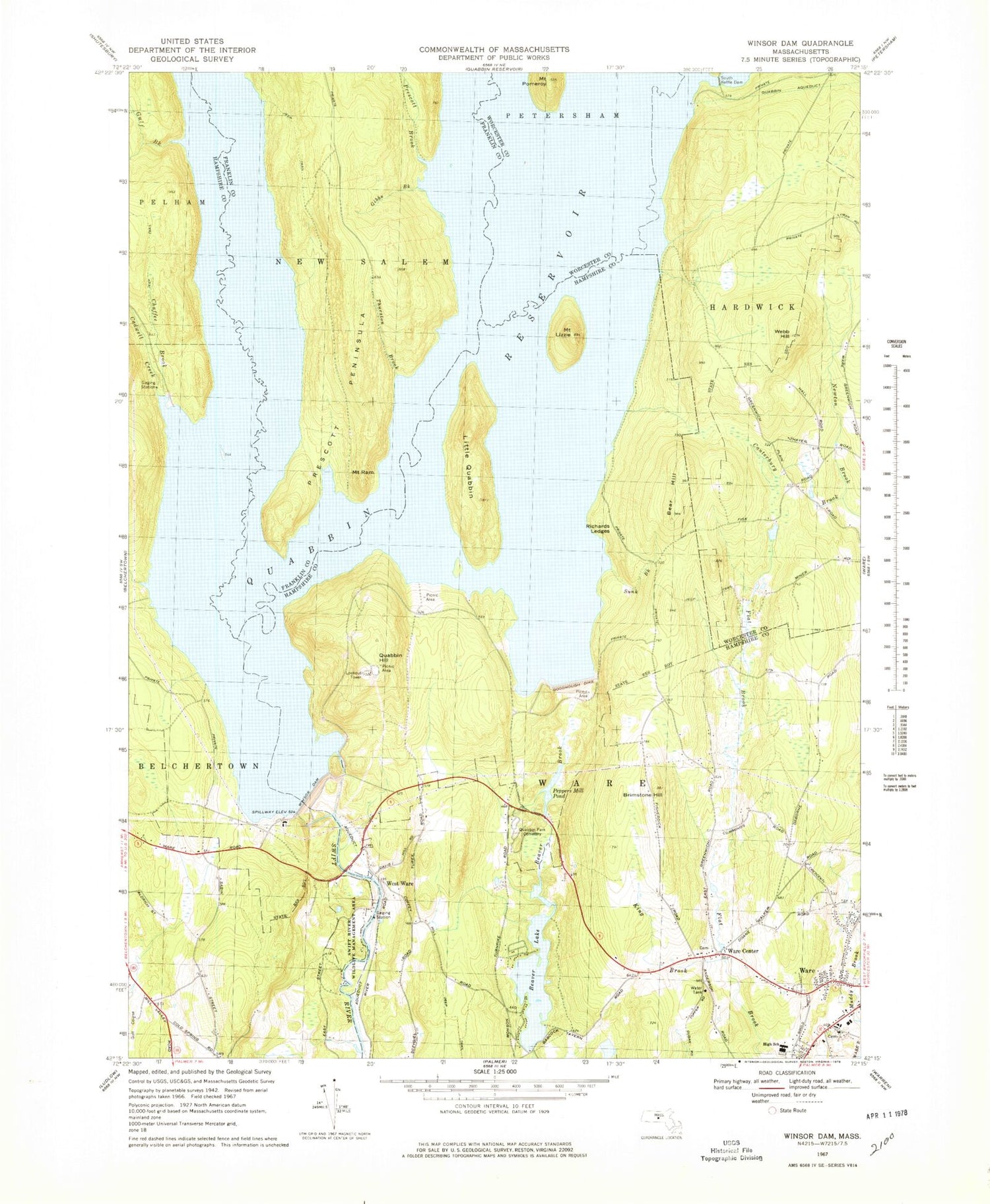 Classic USGS Winsor Dam Massachusetts 7.5'x7.5' Topo Map Image