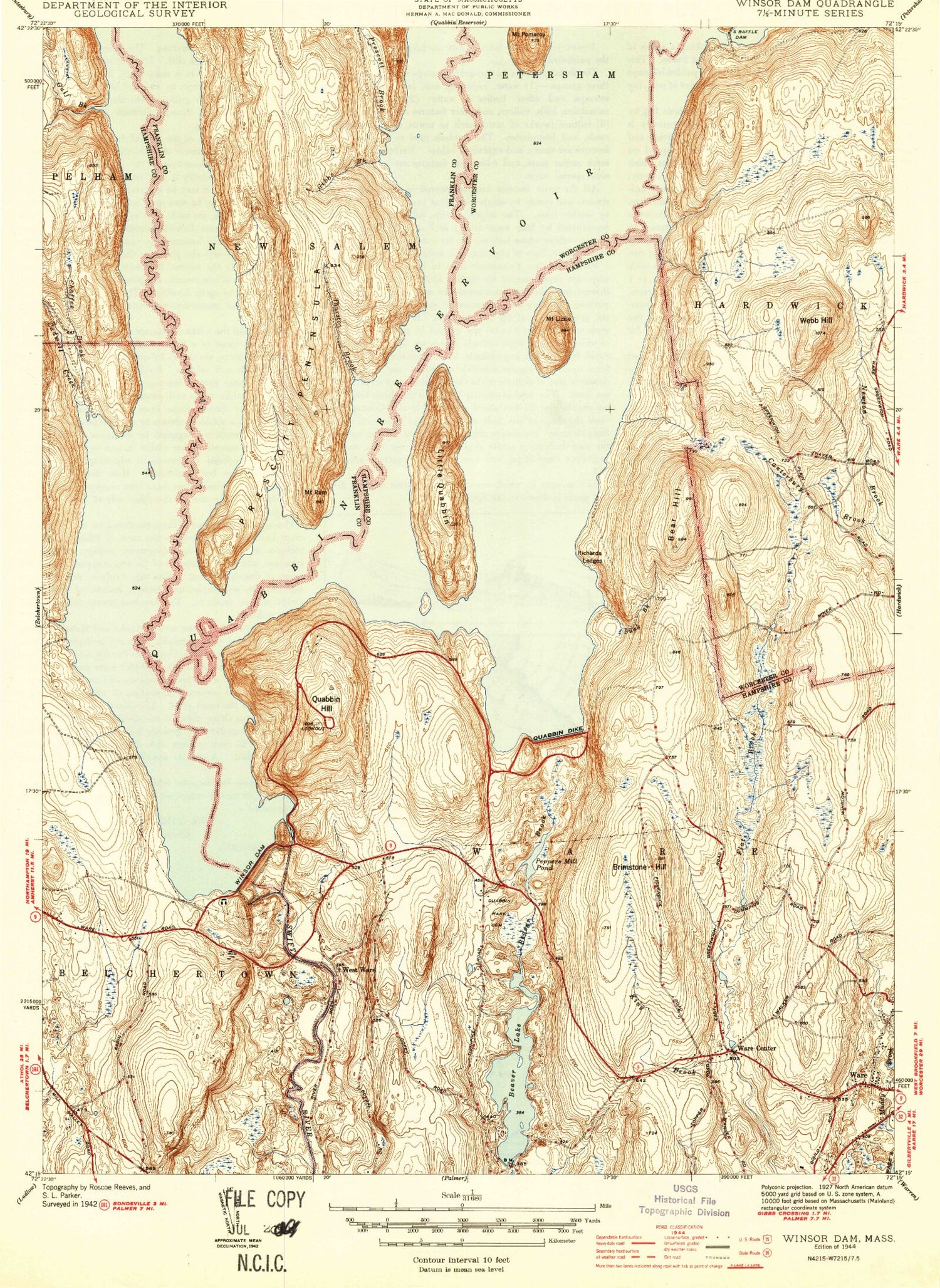 Classic USGS Winsor Dam Massachusetts 7.5'x7.5' Topo Map Image