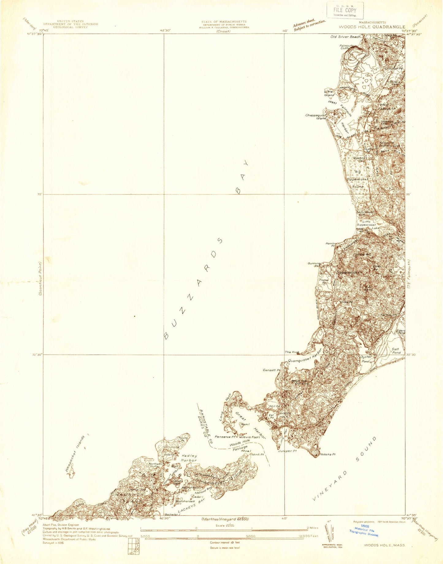 Classic USGS Woods Hole Massachusetts 7.5'x7.5' Topo Map Image