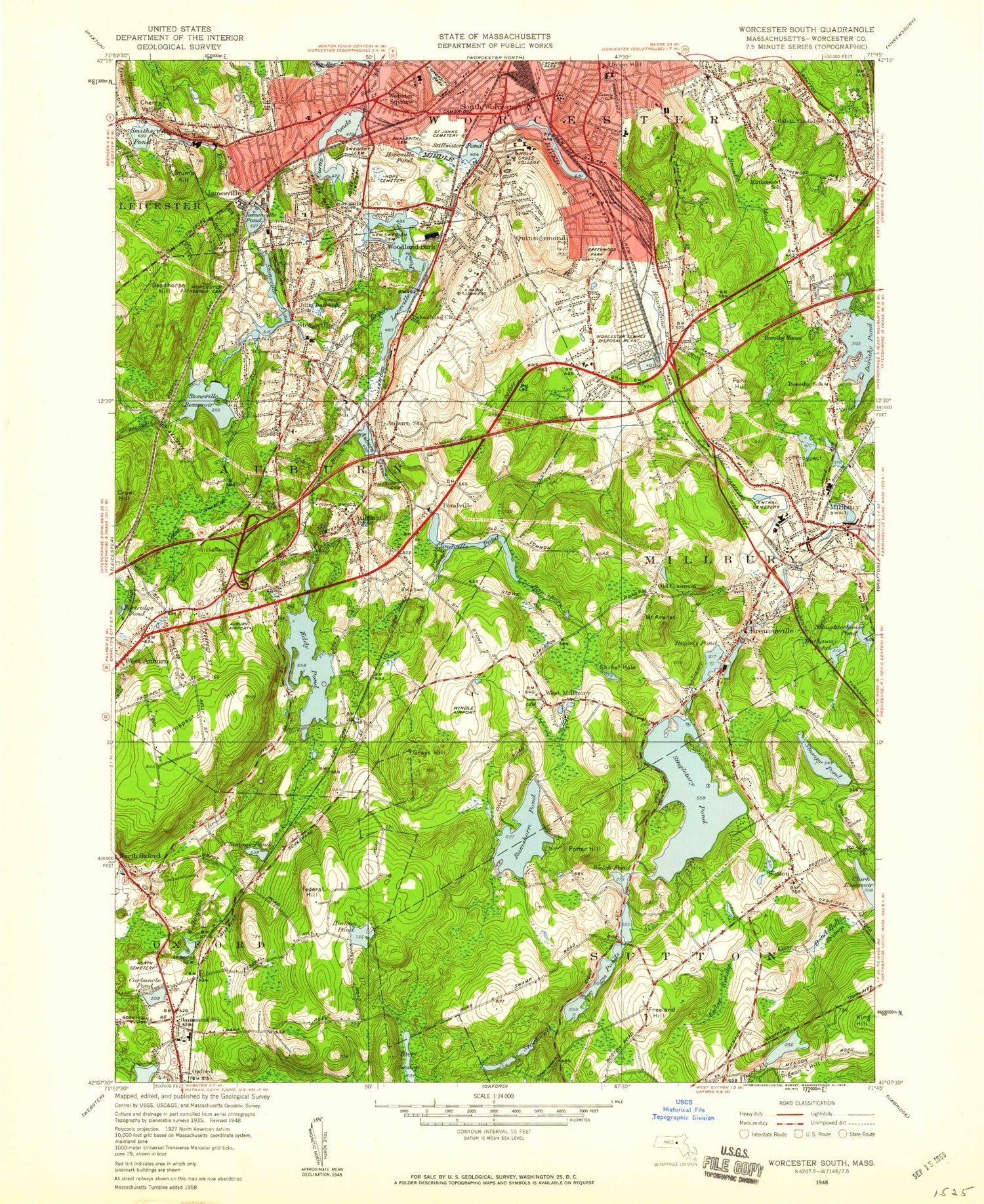 Classic USGS Worcester South Massachusetts 7.5'x7.5' Topo Map Image