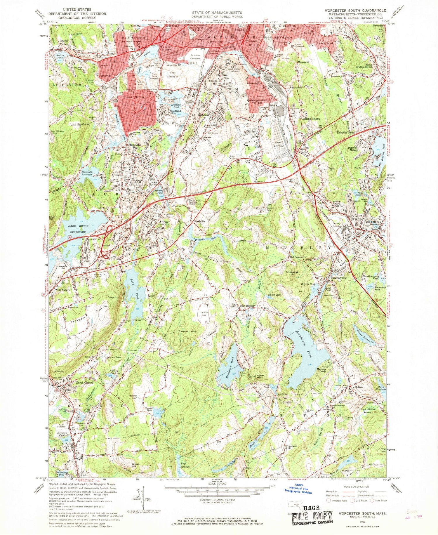 Classic USGS Worcester South Massachusetts 7.5'x7.5' Topo Map Image