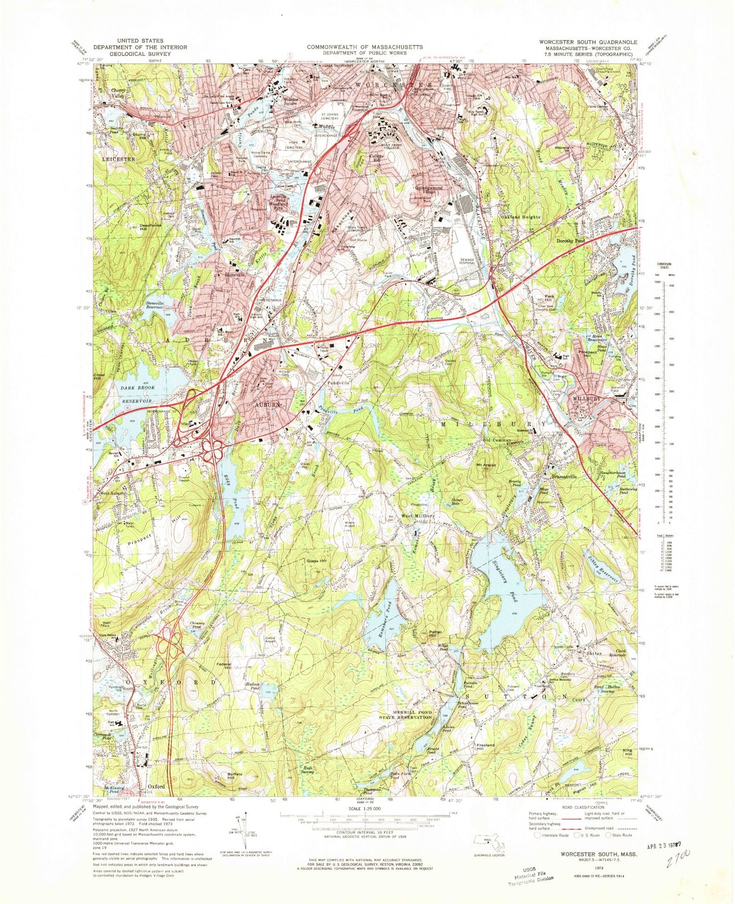 Classic USGS Worcester South Massachusetts 7.5'x7.5' Topo Map Image