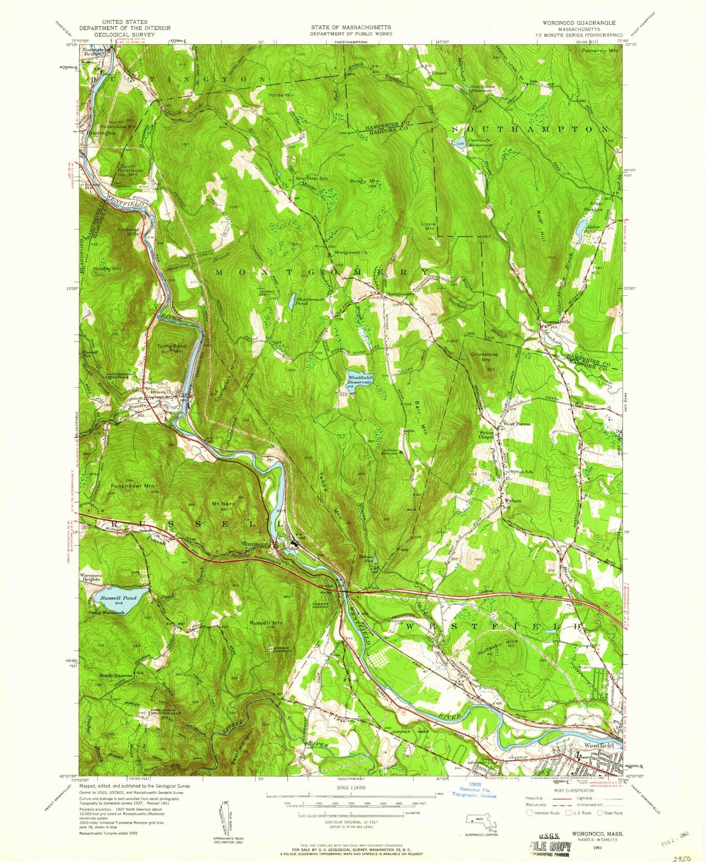 Classic USGS Woronoco Massachusetts 7.5'x7.5' Topo Map Image