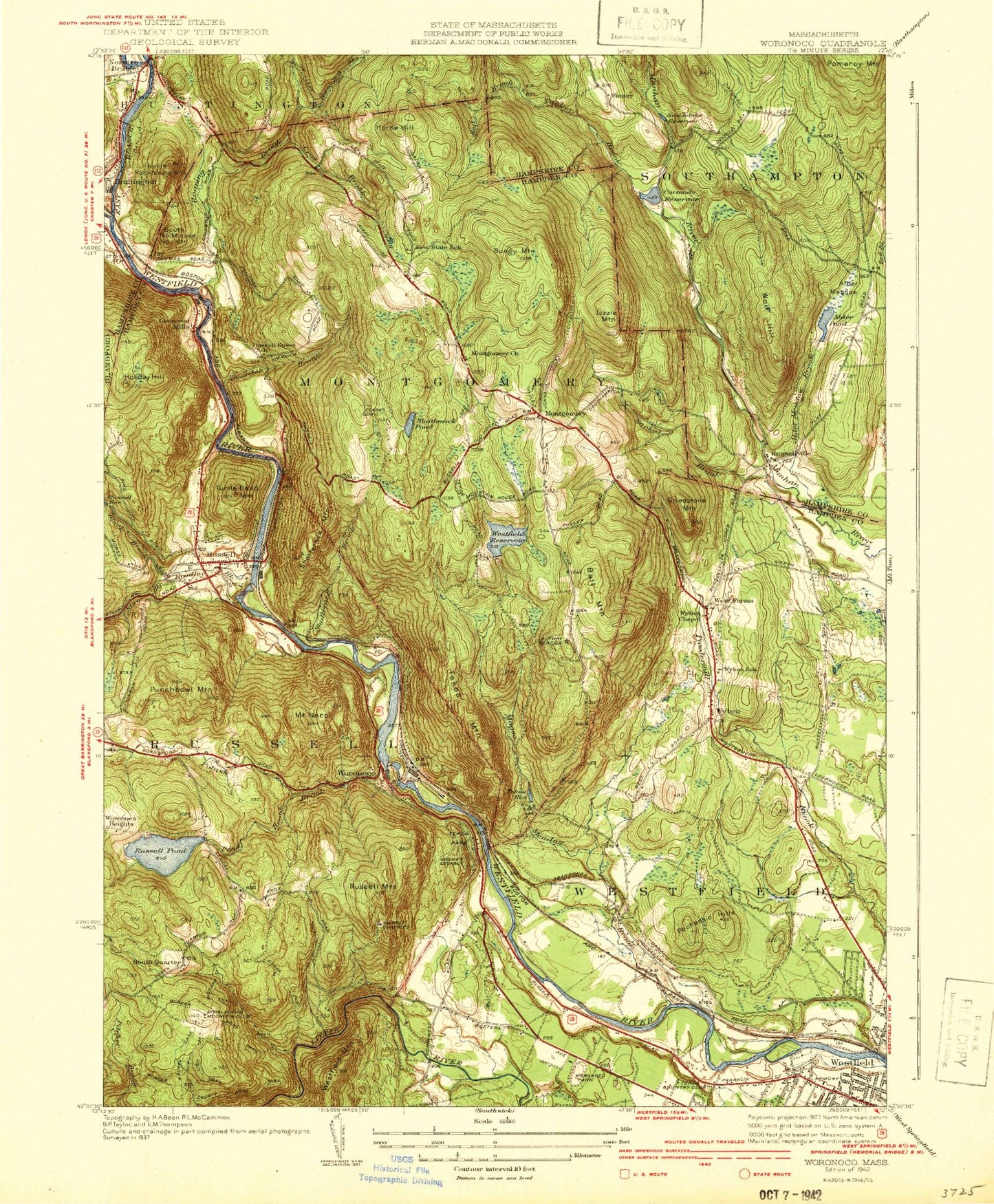 Classic USGS Woronoco Massachusetts 7.5'x7.5' Topo Map Image