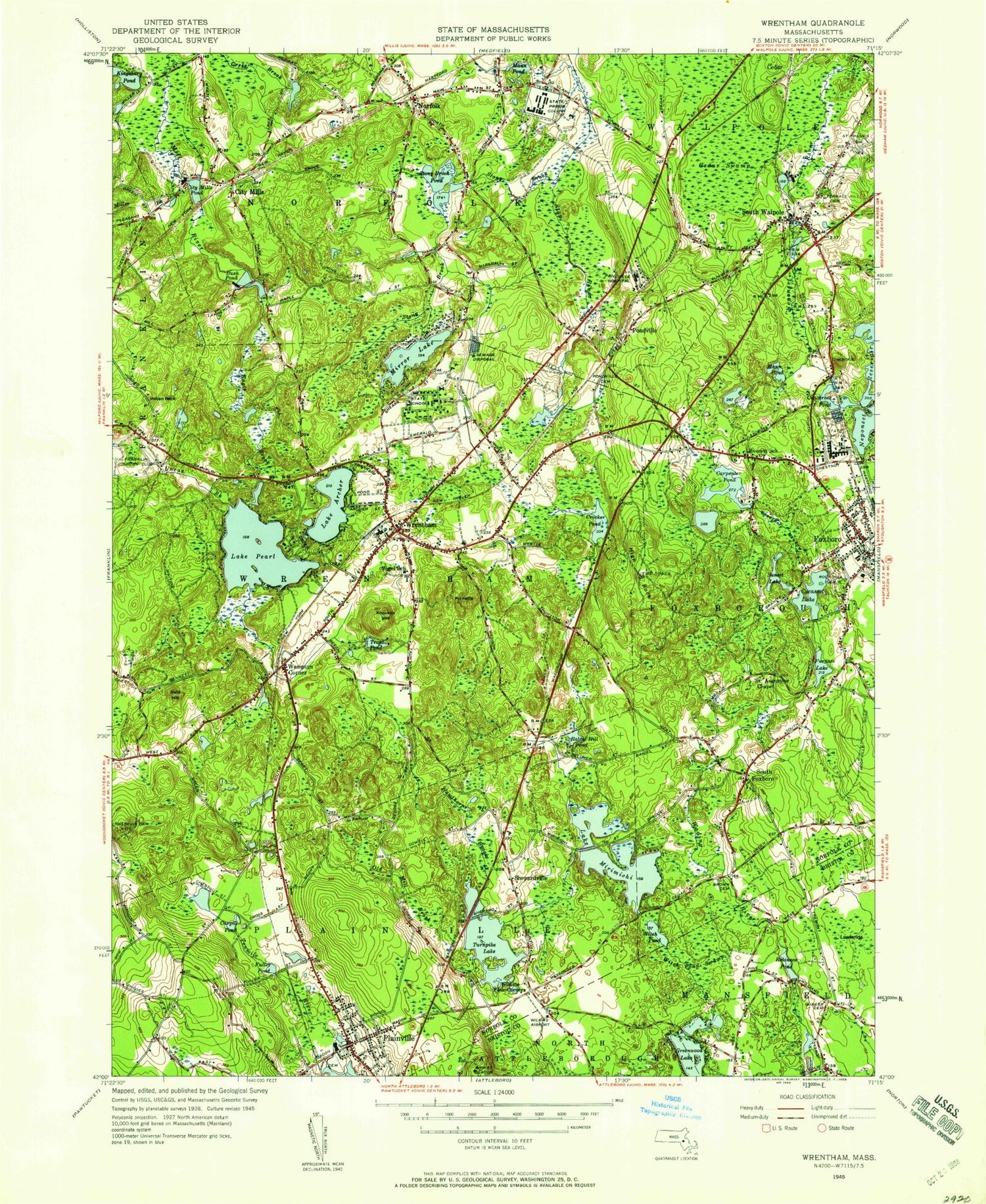 Classic USGS Wrentham Massachusetts 7.5'x7.5' Topo Map Image