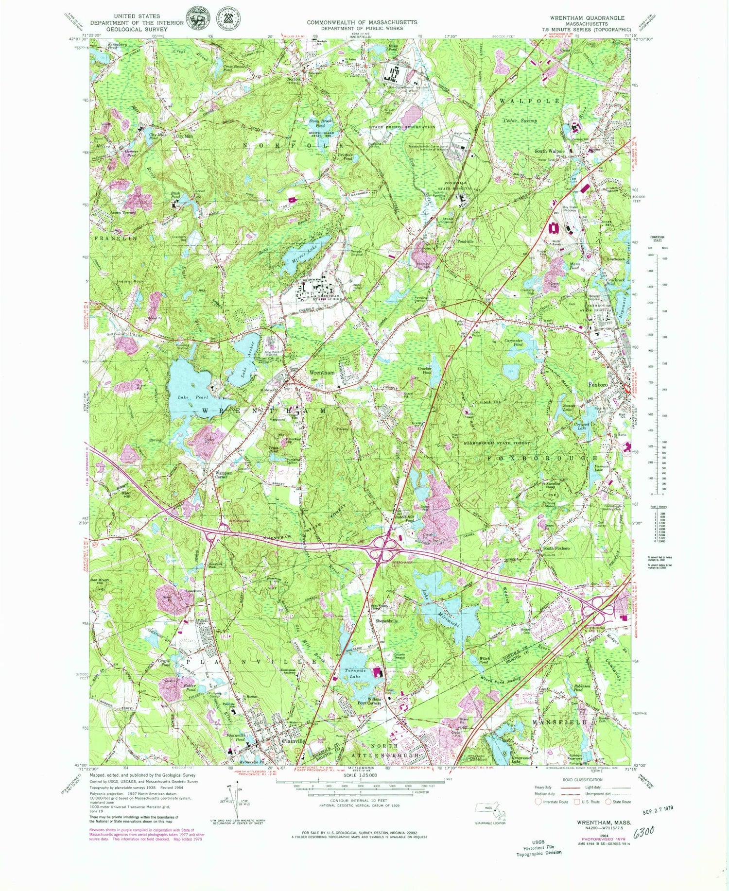 Classic USGS Wrentham Massachusetts 7.5'x7.5' Topo Map Image