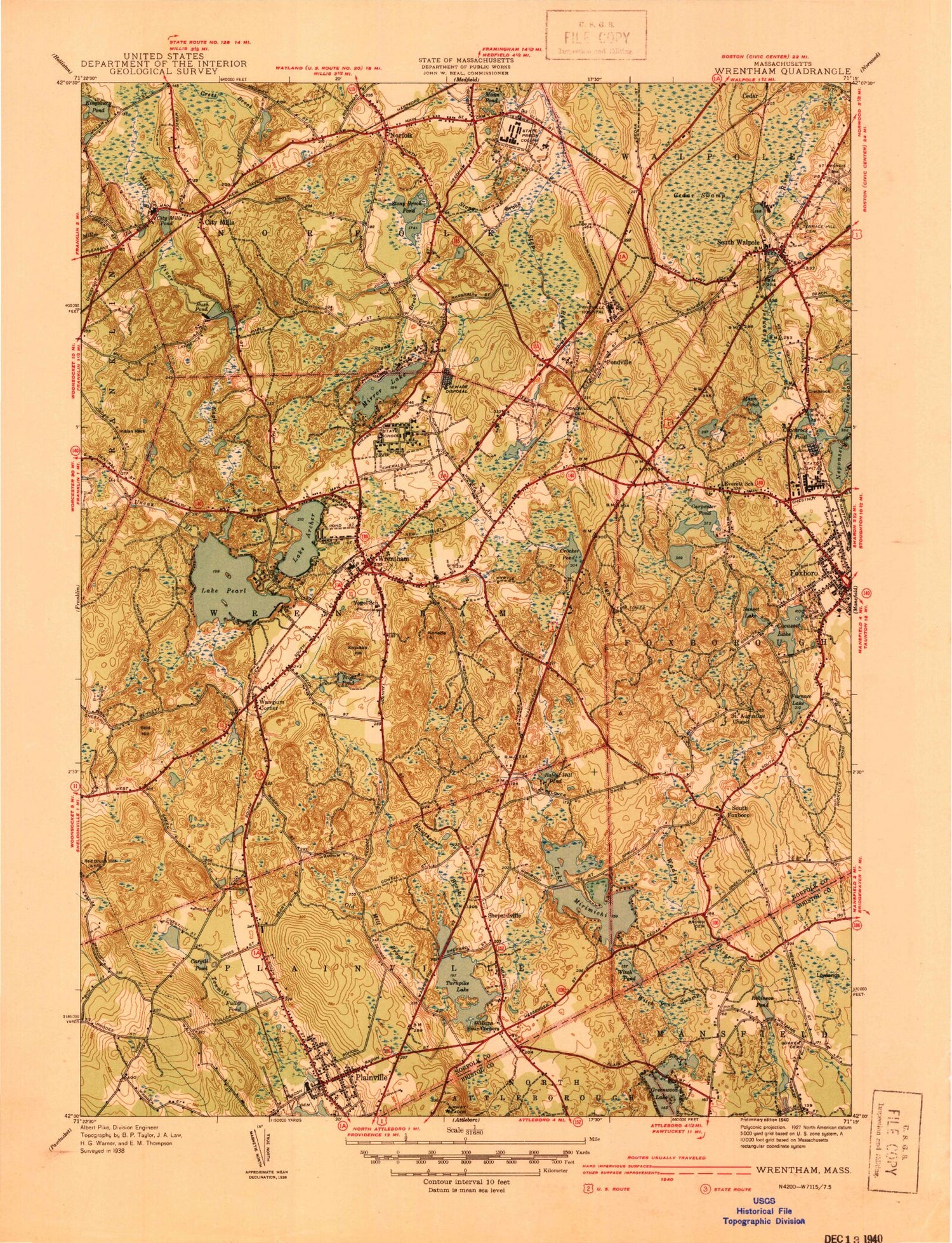 Classic USGS Wrentham Massachusetts 7.5'x7.5' Topo Map Image