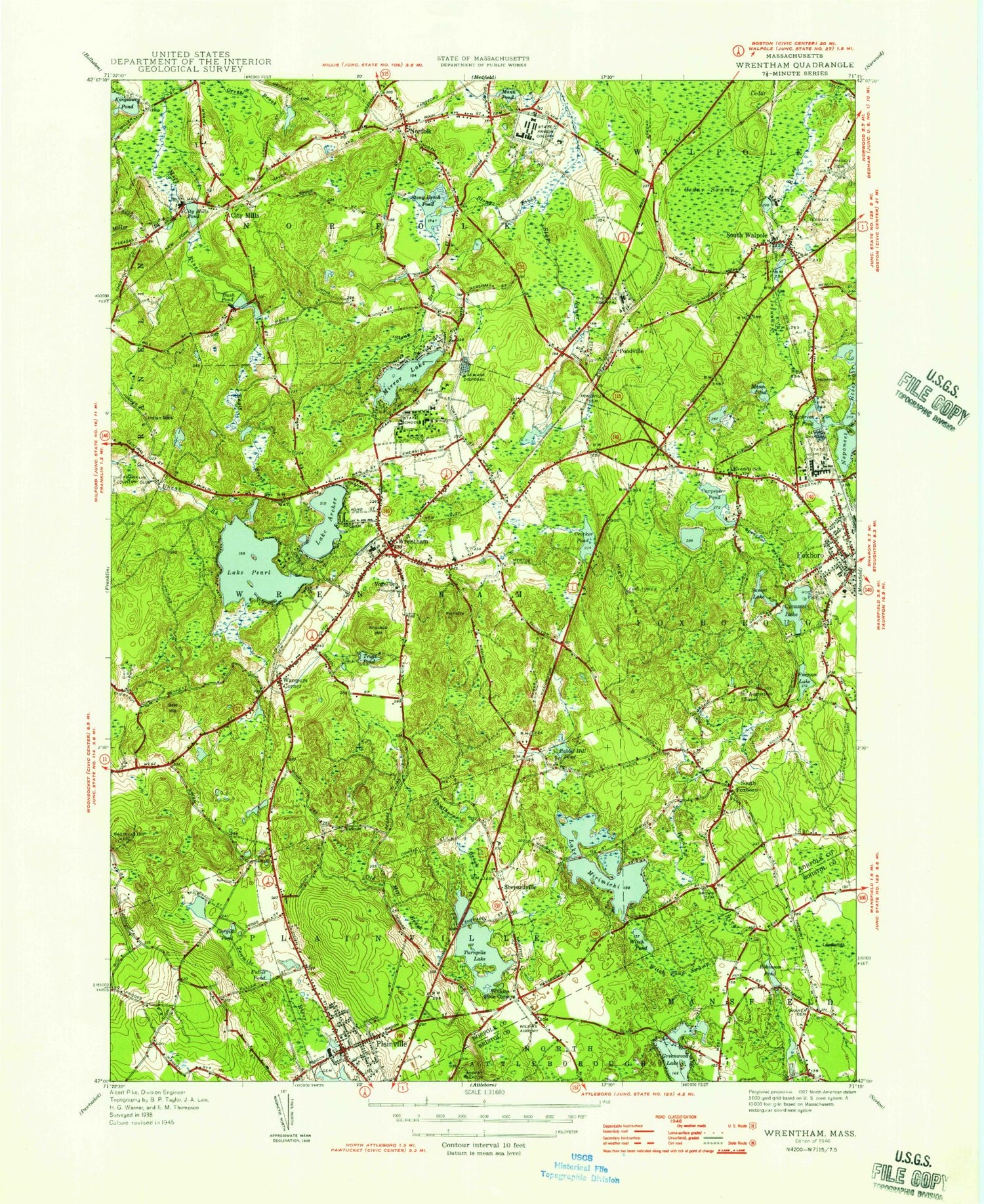 Classic USGS Wrentham Massachusetts 7.5'x7.5' Topo Map Image