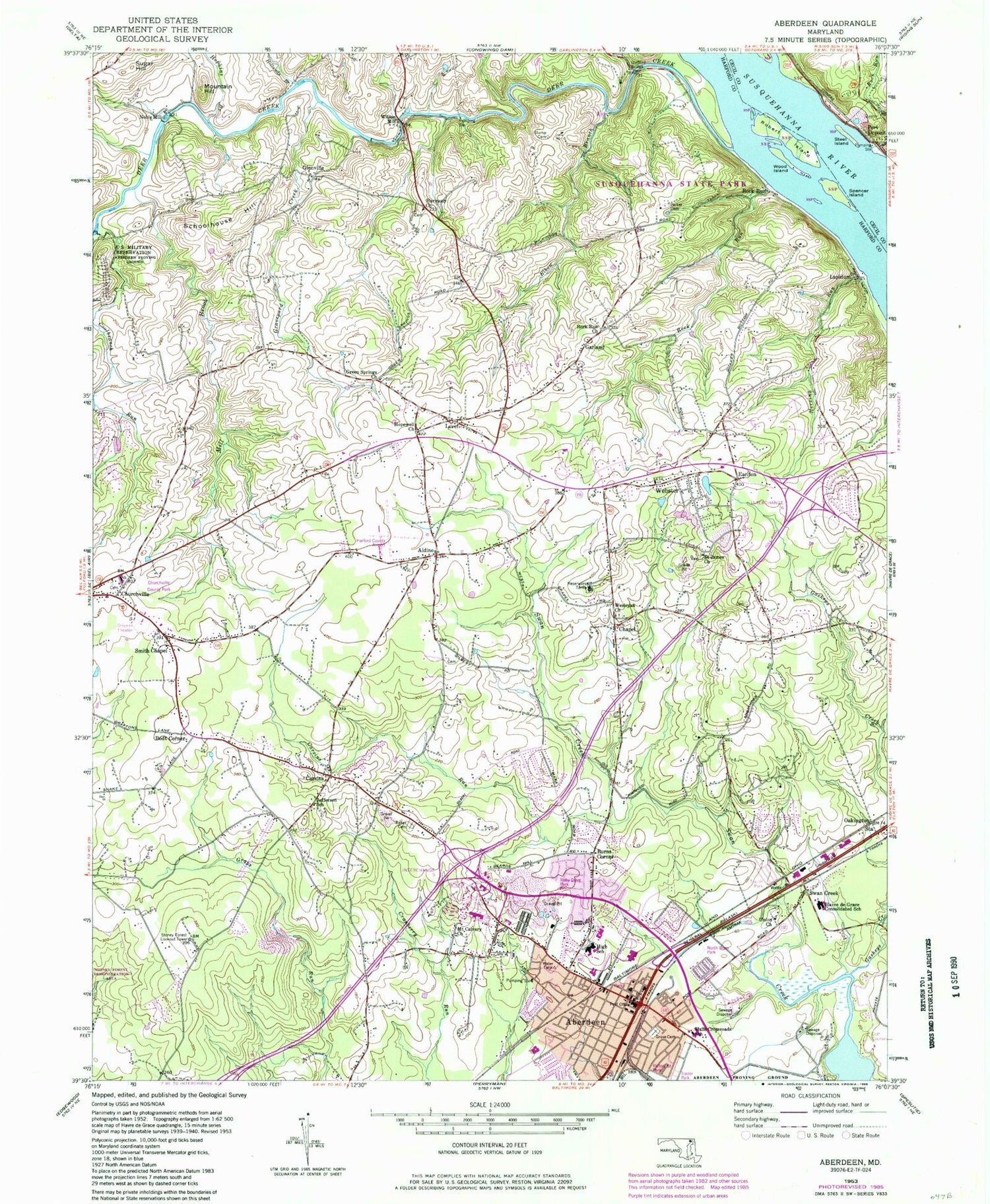 Classic USGS Aberdeen Maryland 7.5'x7.5' Topo Map Image