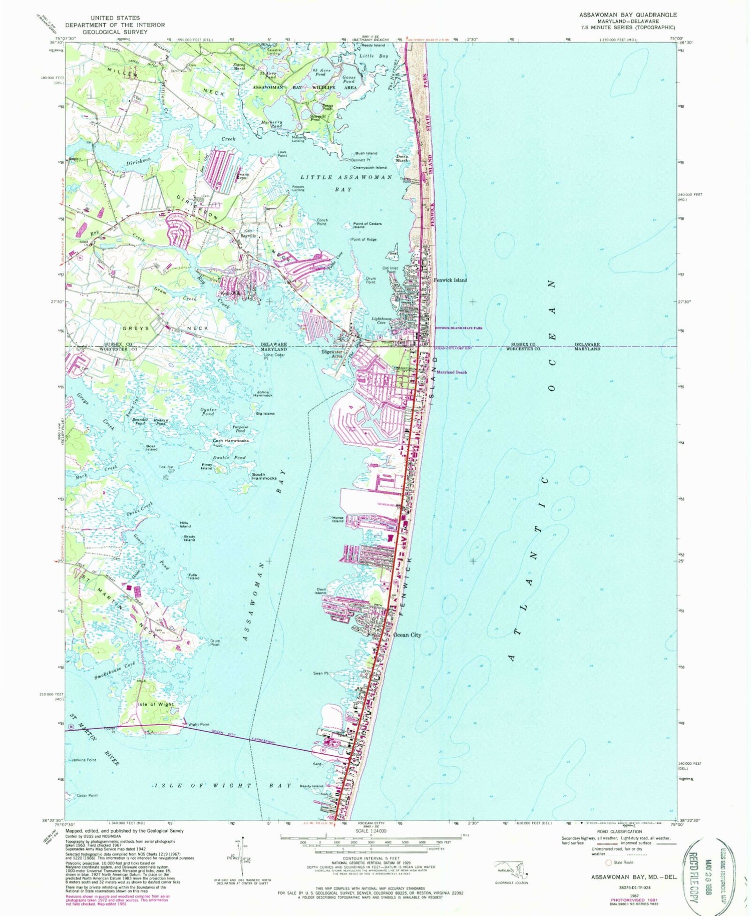 Classic USGS Assawoman Bay Maryland 7.5'x7.5' Topo Map Image
