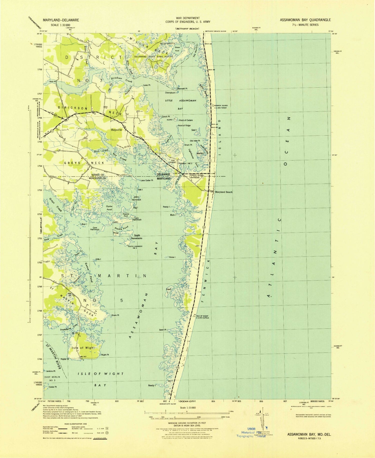 Classic USGS Assawoman Bay Maryland 7.5'x7.5' Topo Map Image