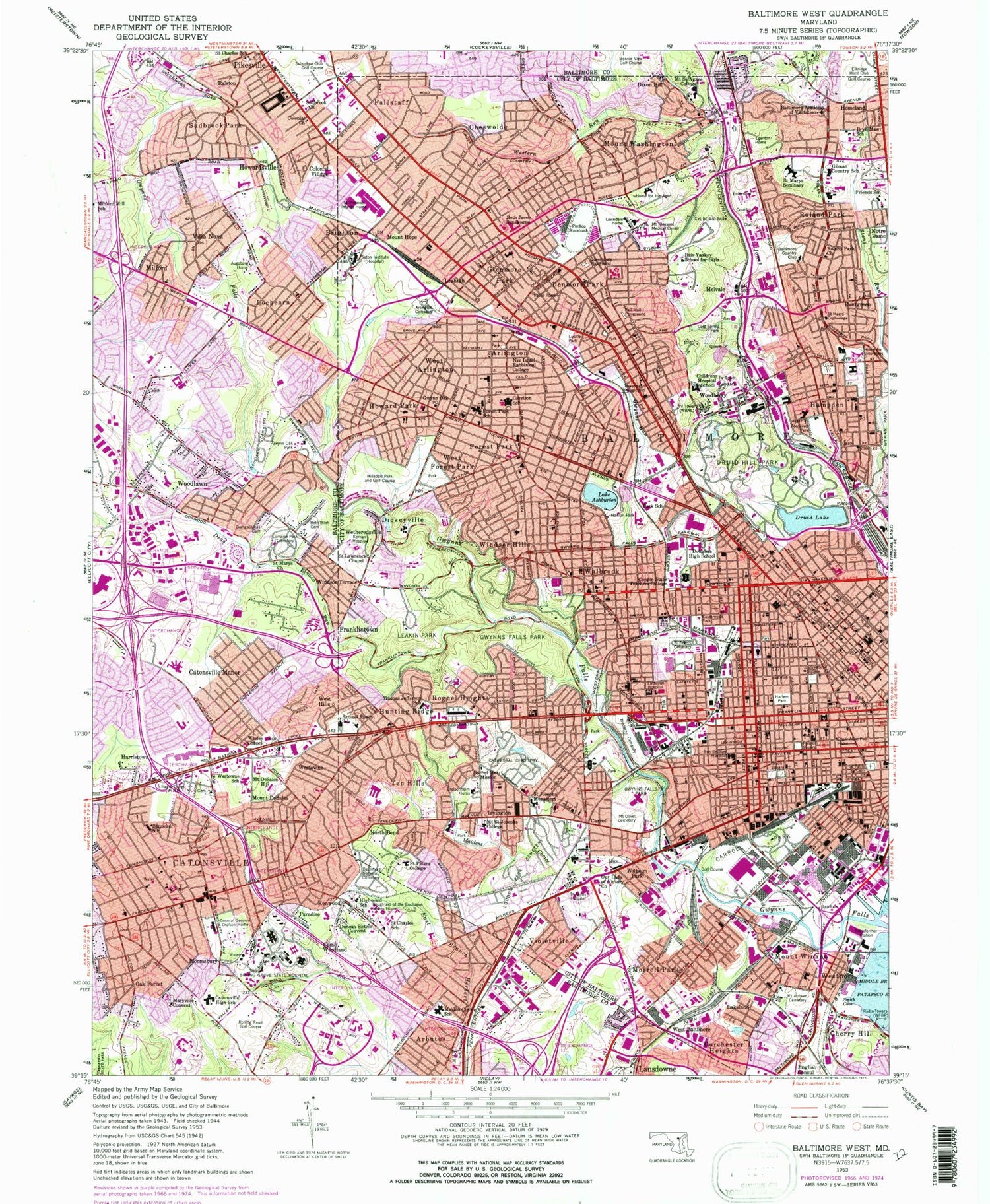 Classic USGS Baltimore West Maryland 7.5'x7.5' Topo Map Image