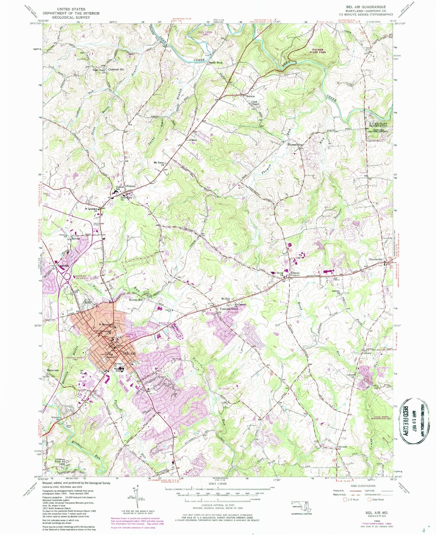 Classic USGS Bel Air Maryland 7.5'x7.5' Topo Map Image