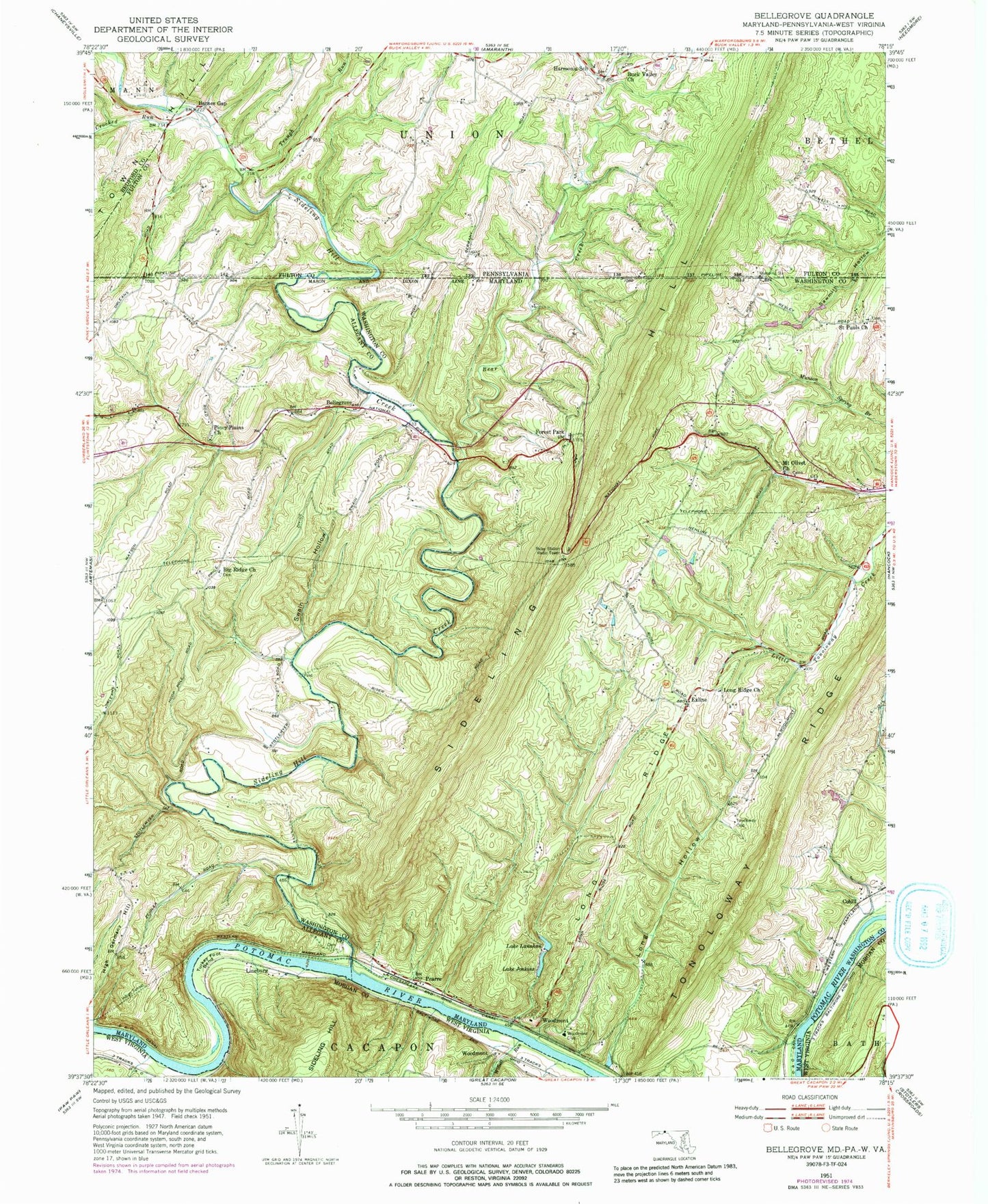 Classic USGS Bellegrove Maryland 7.5'x7.5' Topo Map Image