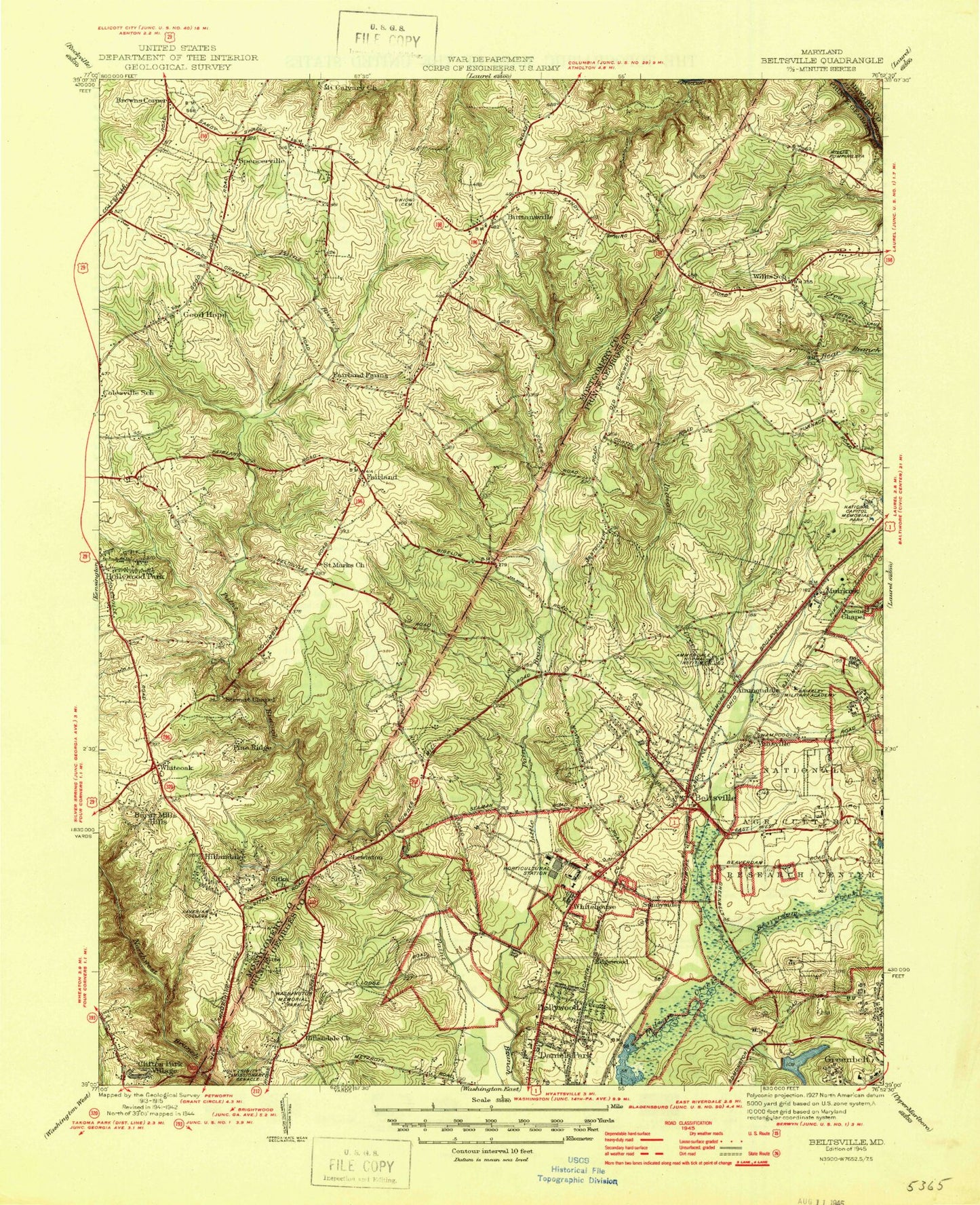 Classic USGS Beltsville Maryland 7.5'x7.5' Topo Map Image