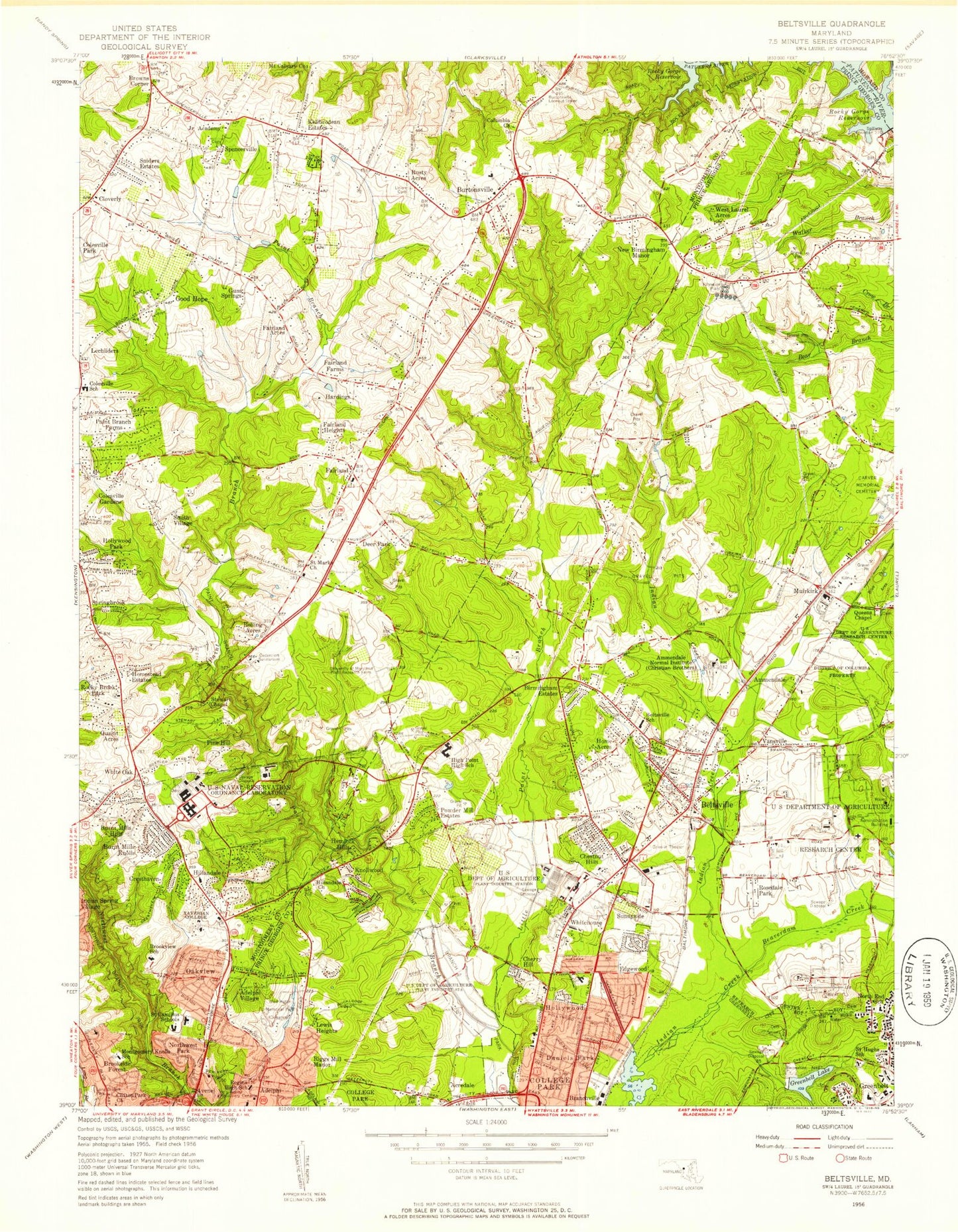 Classic USGS Beltsville Maryland 7.5'x7.5' Topo Map Image