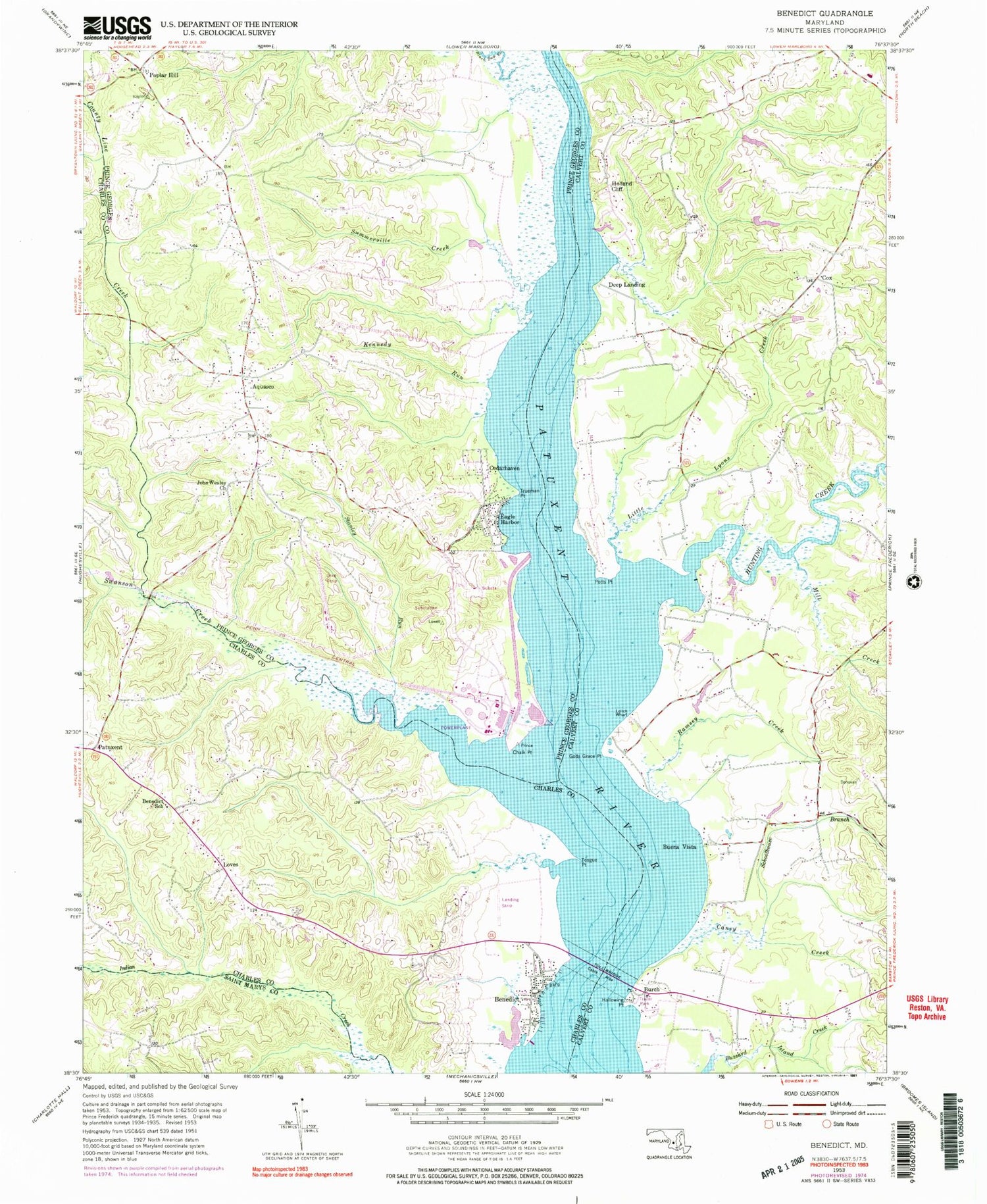 Classic USGS Benedict Maryland 7.5'x7.5' Topo Map Image