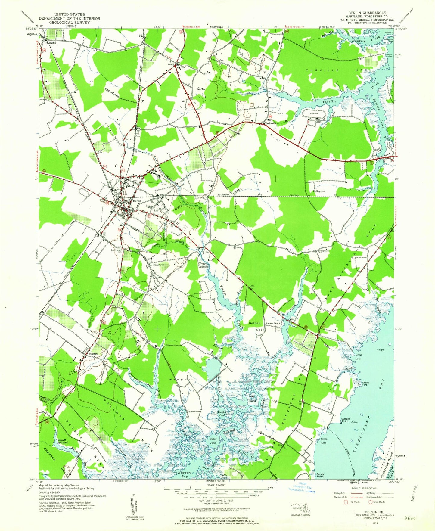 Classic USGS Berlin Maryland 7.5'x7.5' Topo Map Image