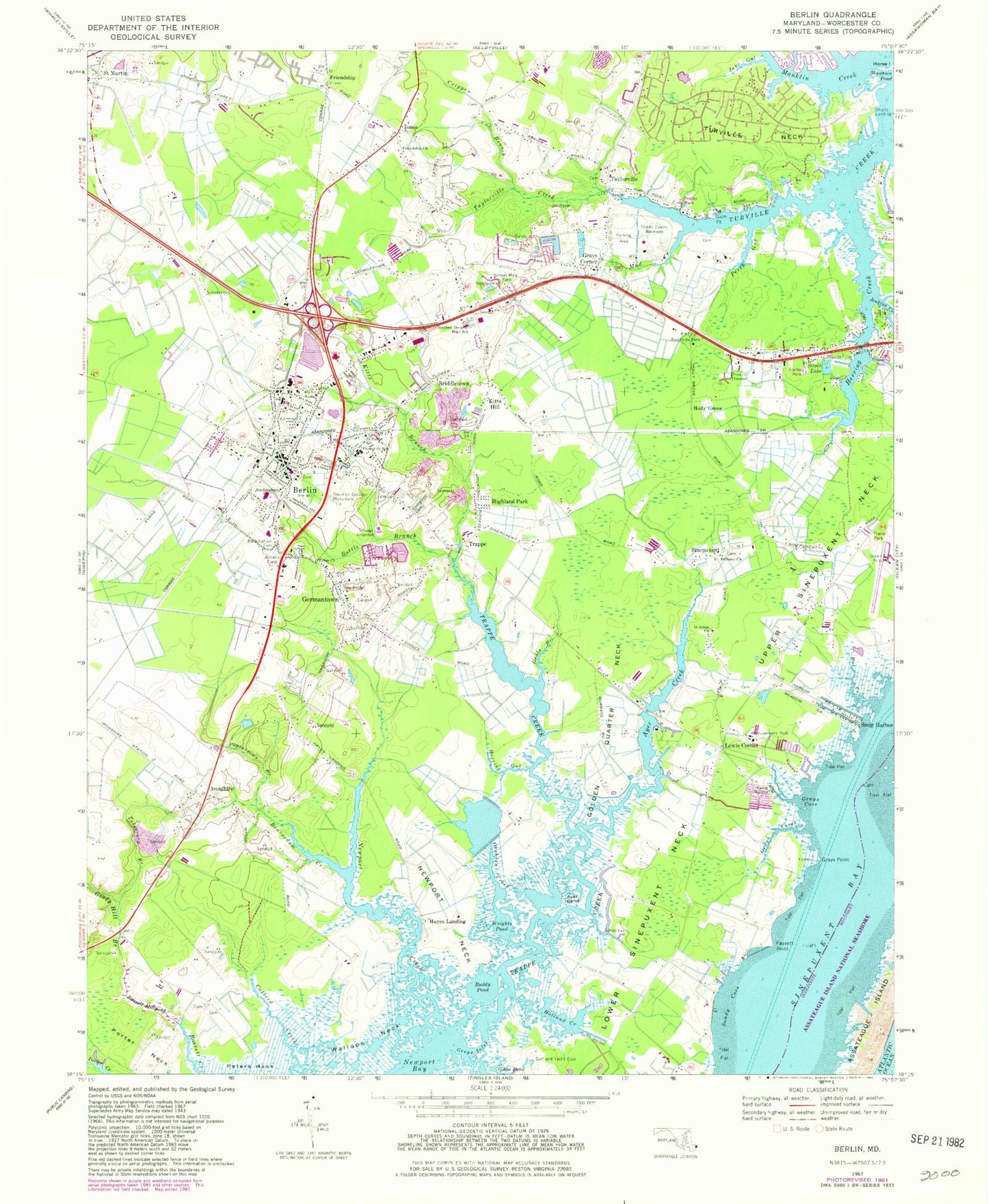 Classic USGS Berlin Maryland 7.5'x7.5' Topo Map Image