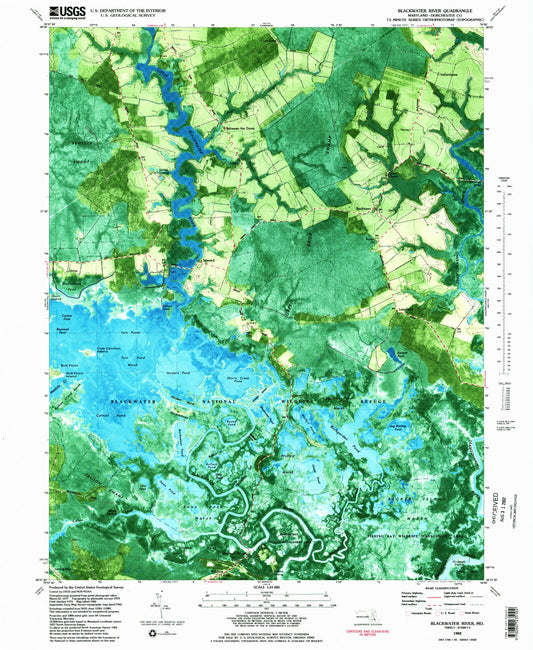 Classic USGS Blackwater River Maryland 7.5'x7.5' Topo Map Image