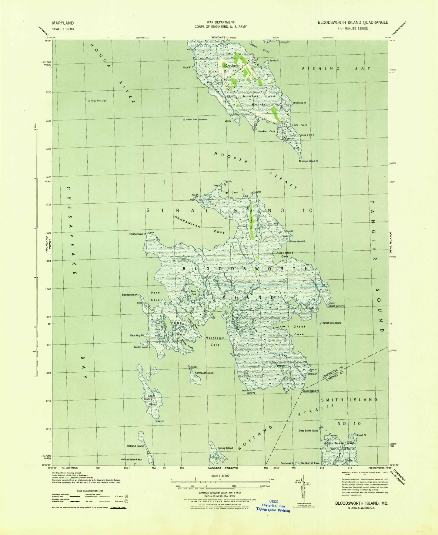 Classic USGS Bloodsworth Island Maryland 7.5'x7.5' Topo Map Image