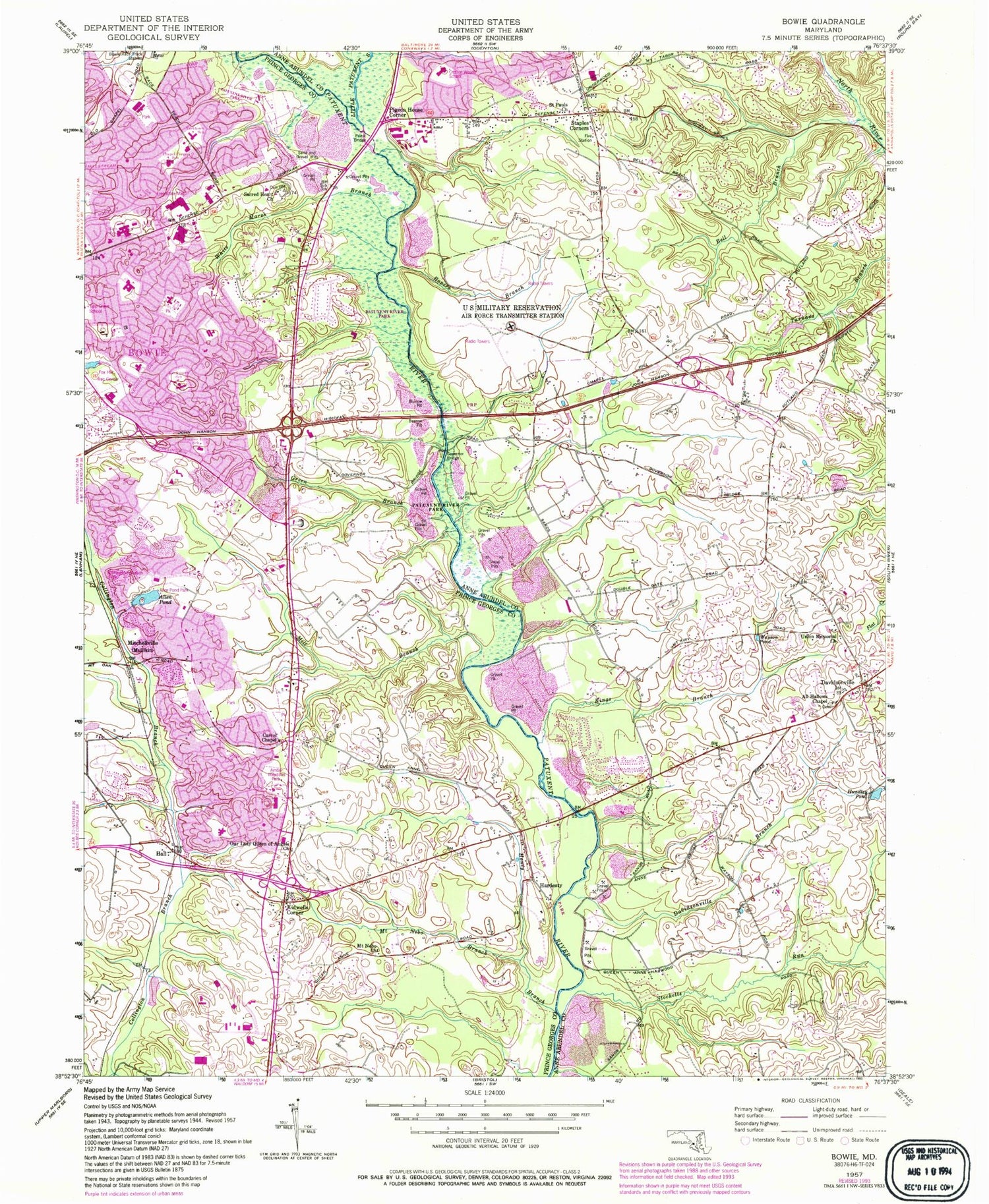 Classic USGS Bowie Maryland 7.5'x7.5' Topo Map Image