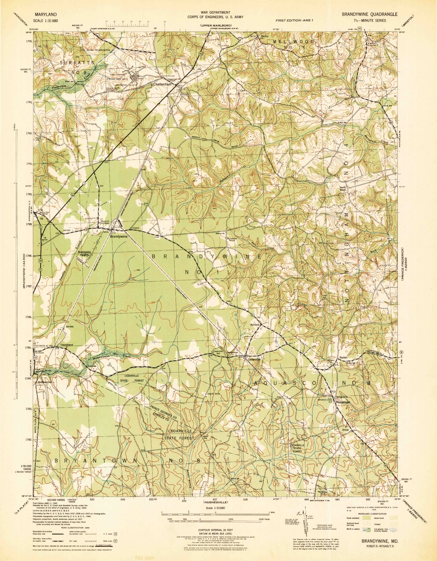 Classic USGS Brandywine Maryland 7.5'x7.5' Topo Map Image