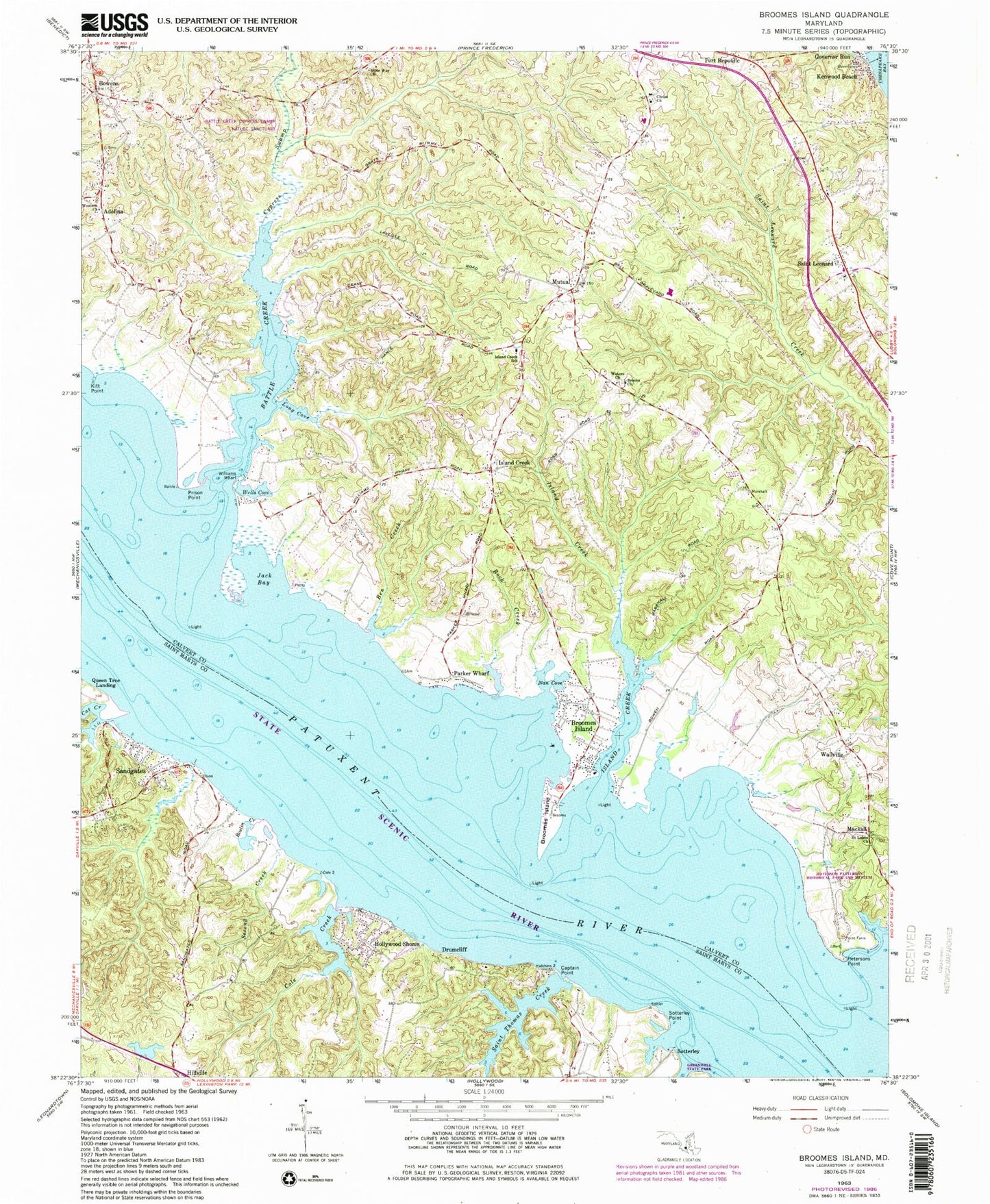 Classic USGS Broomes Island Maryland 7.5'x7.5' Topo Map Image