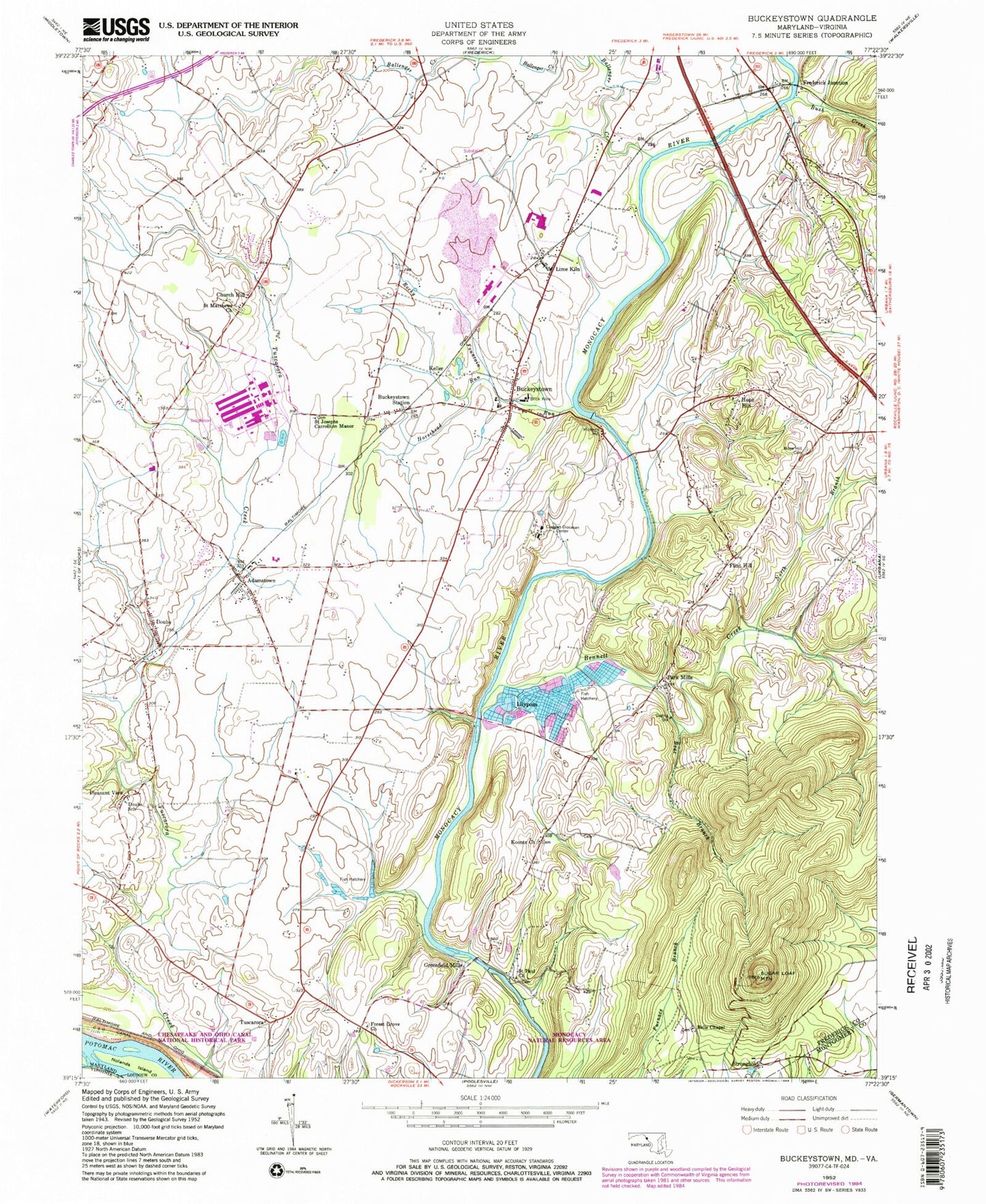 Classic USGS Buckeystown Maryland 7.5'x7.5' Topo Map Image