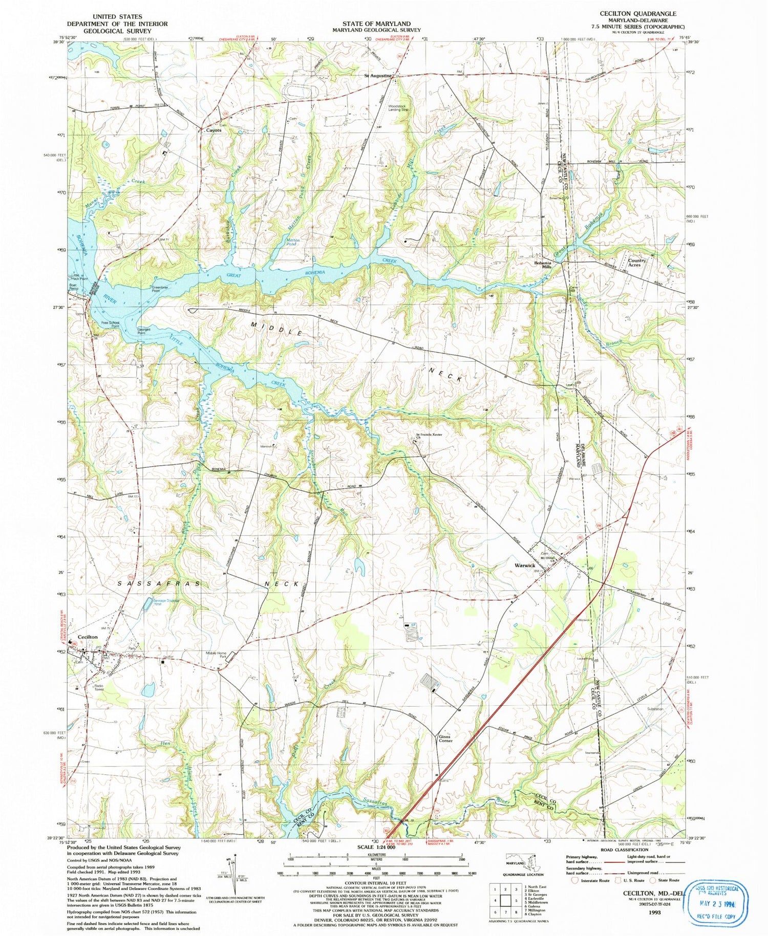 Classic USGS Cecilton Maryland 7.5'x7.5' Topo Map Image