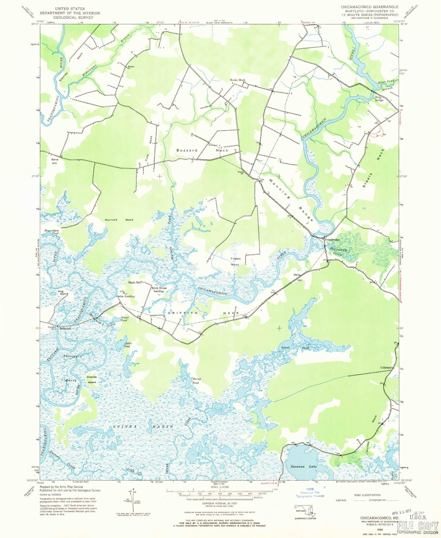 Classic USGS Chicamacomico River Maryland 7.5'x7.5' Topo Map Image