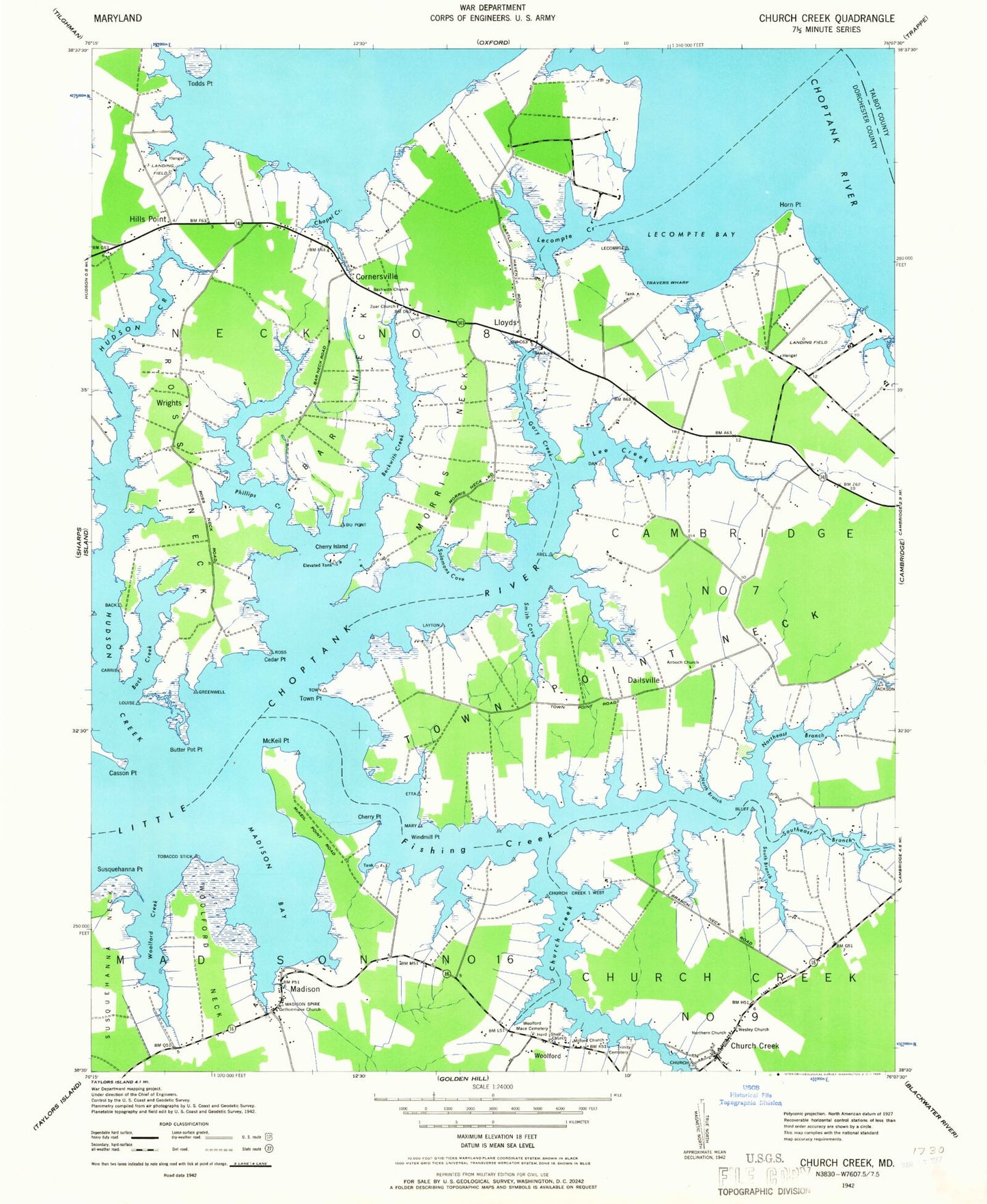 Classic USGS Church Creek Maryland 7.5'x7.5' Topo Map Image