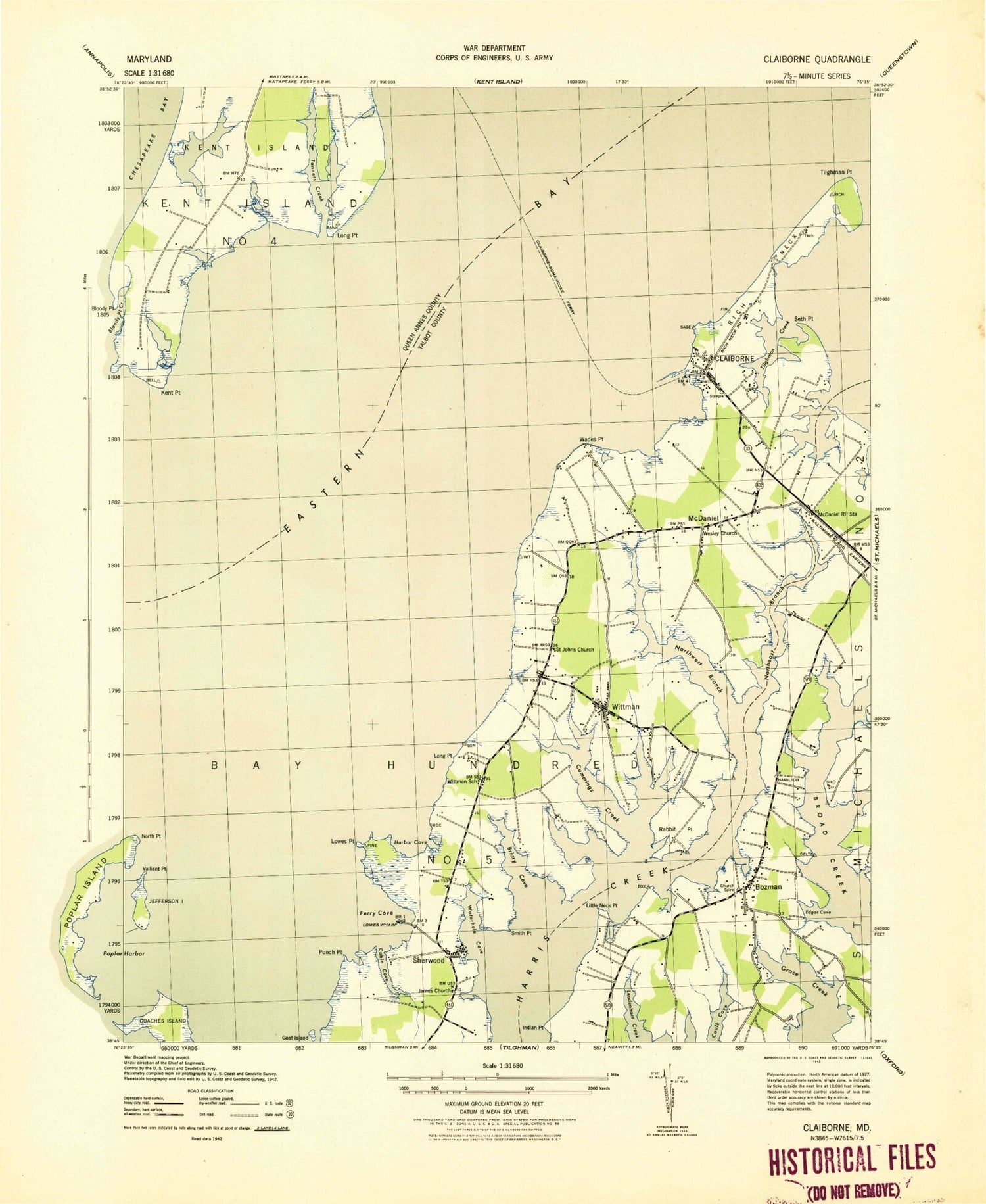 Classic USGS Claiborne Maryland 7.5'x7.5' Topo Map Image