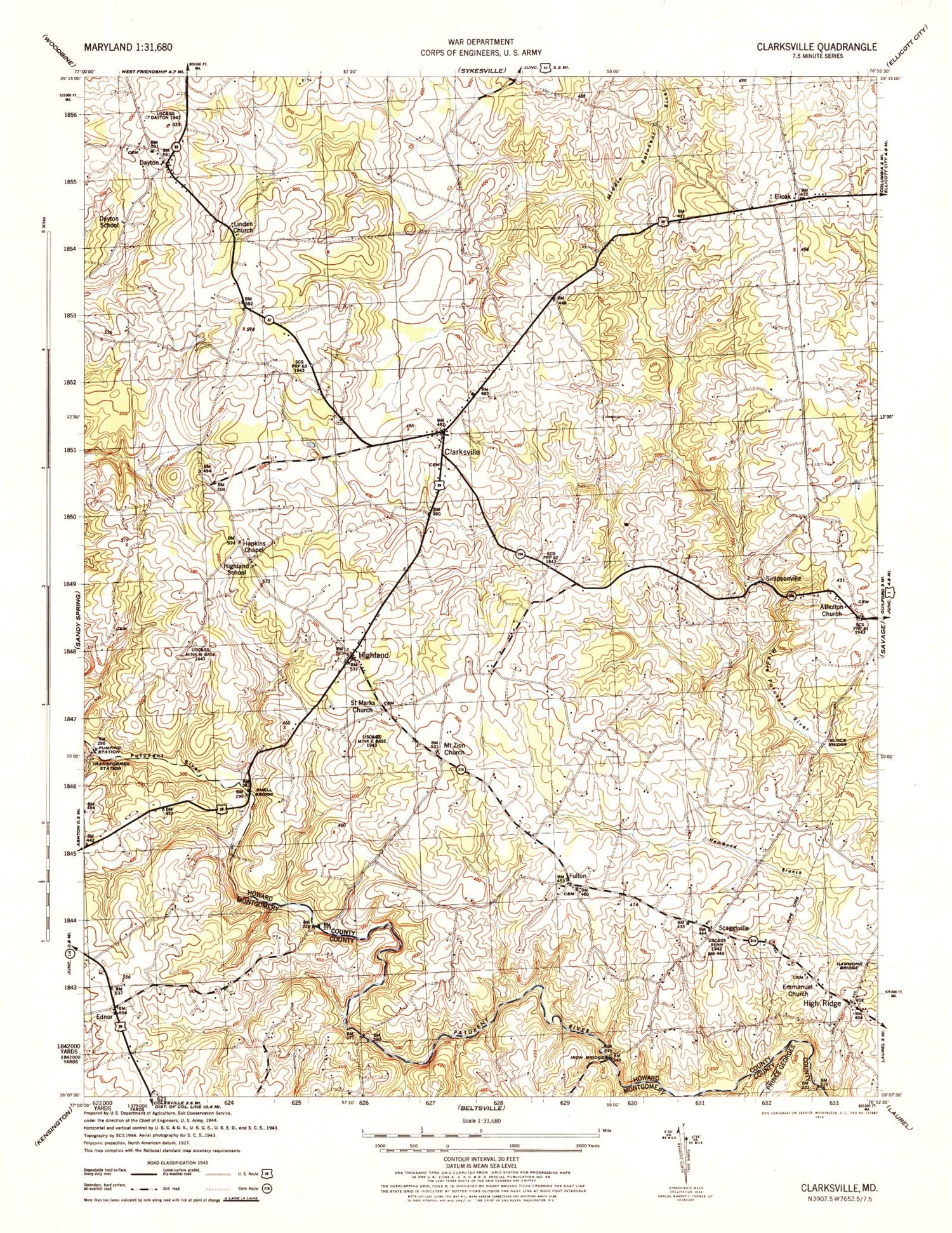 Classic USGS Clarksville Maryland 7.5'x7.5' Topo Map Image